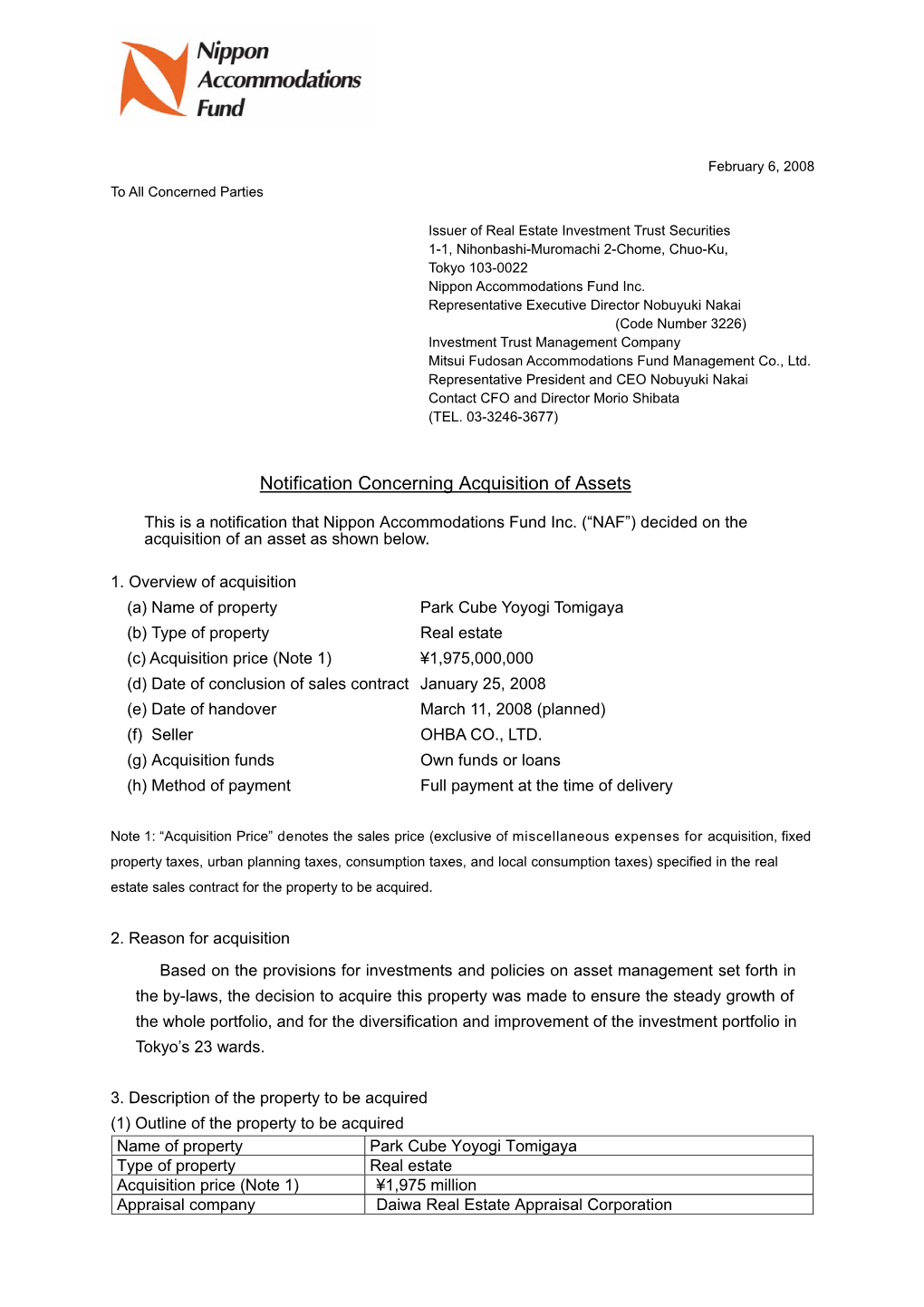 Notification Concerning Acquisition of Assets(January 25, 2008)