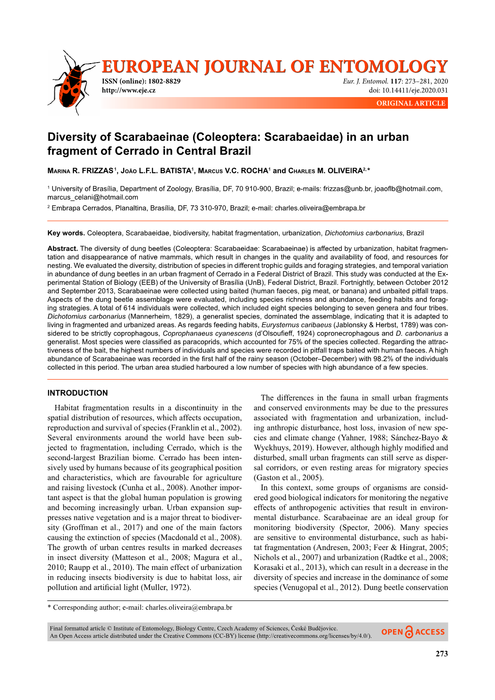 Coleoptera: Scarabaeidae) in an Urban Fragment of Cerrado in Central Brazil