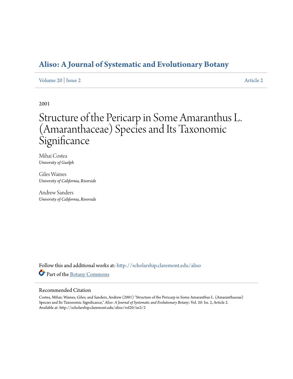 Structure of the Pericarp in Some Amaranthus L.(Amaranthaceae