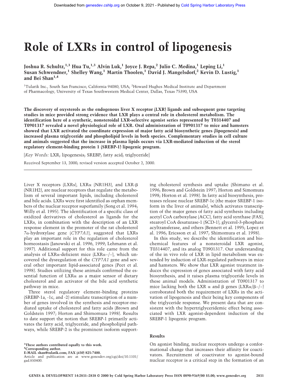 Role of Lxrs in Control of Lipogenesis