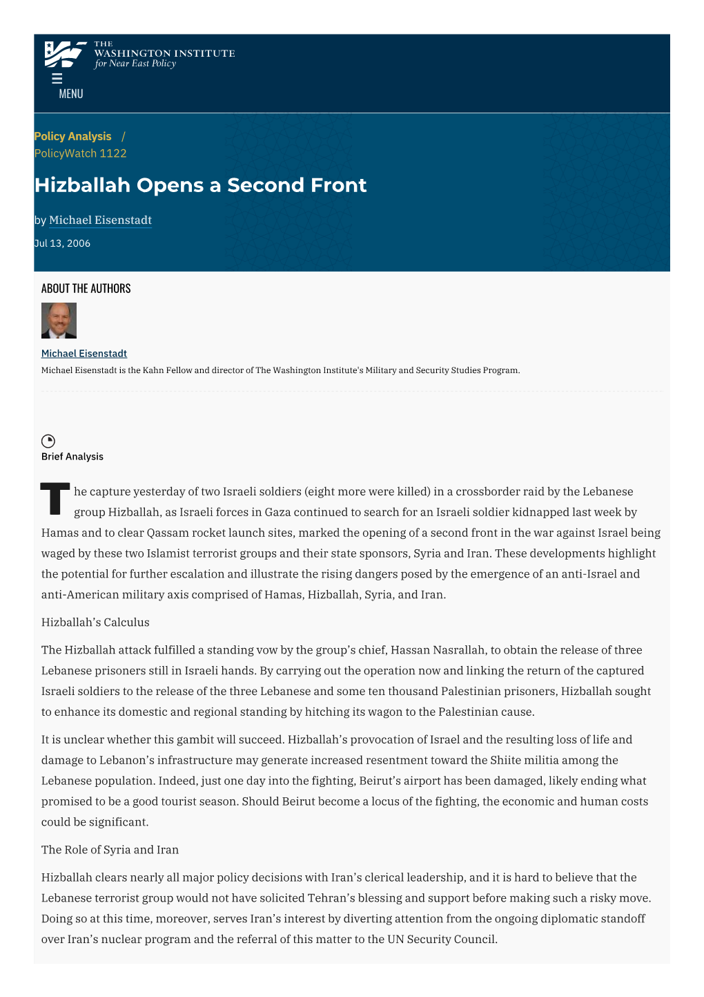 Hizballah Opens a Second Front | the Washington Institute