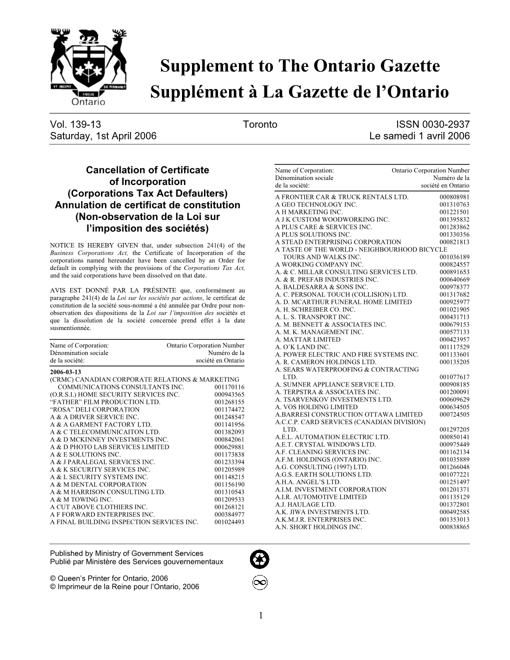 Ontario Gazette Volume 139 Issue 13, La Gazette De L'ontario Volume 139