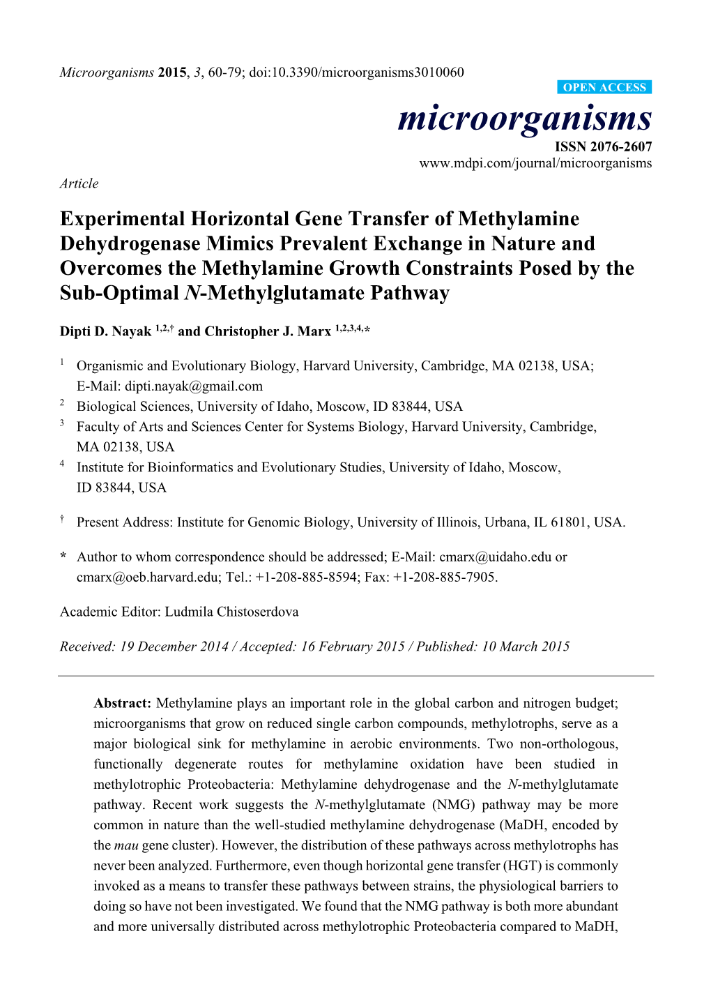 Experimental Horizontal Gene Transfer of Methylamine Dehydrogenase Mimics Prevalent Exchange in Nature and Overcomes the Methylamine Growth Constraints Posed by the Sub