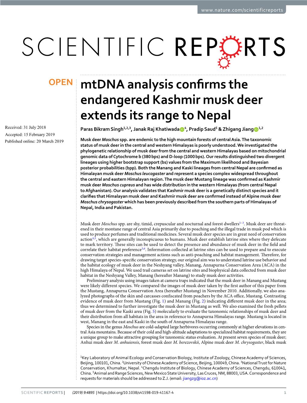 Mtdna Analysis Confirms the Endangered Kashmir Musk Deer