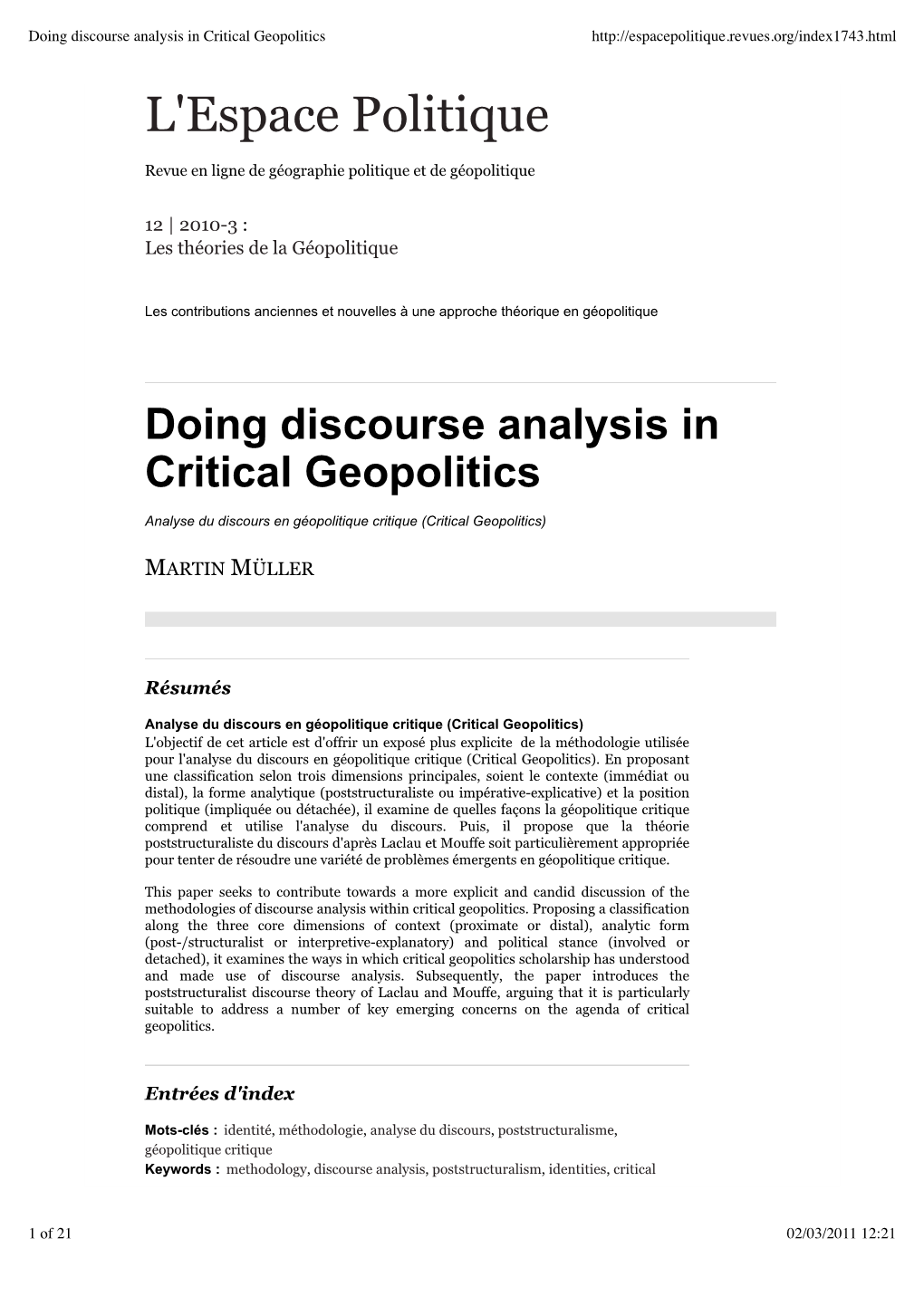 Doing Discourse Analysis in Critical Geopolitics L'espace Politique