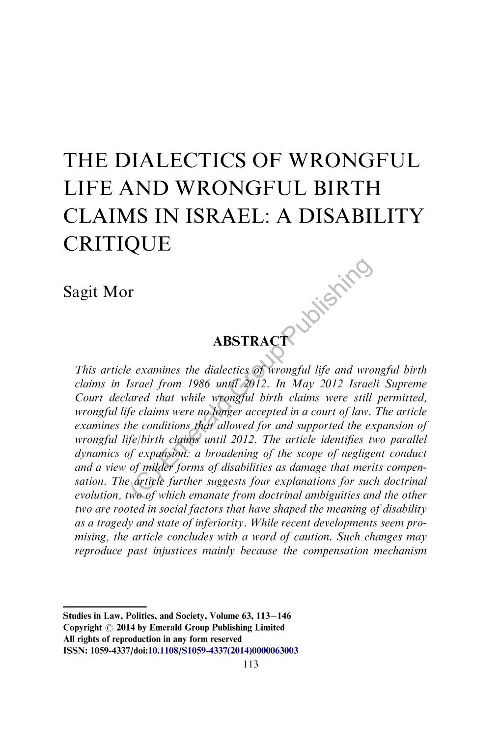 The Dialectics of Wrongful Life and Wrongful Birth Claims in Israel: a Disability Critique