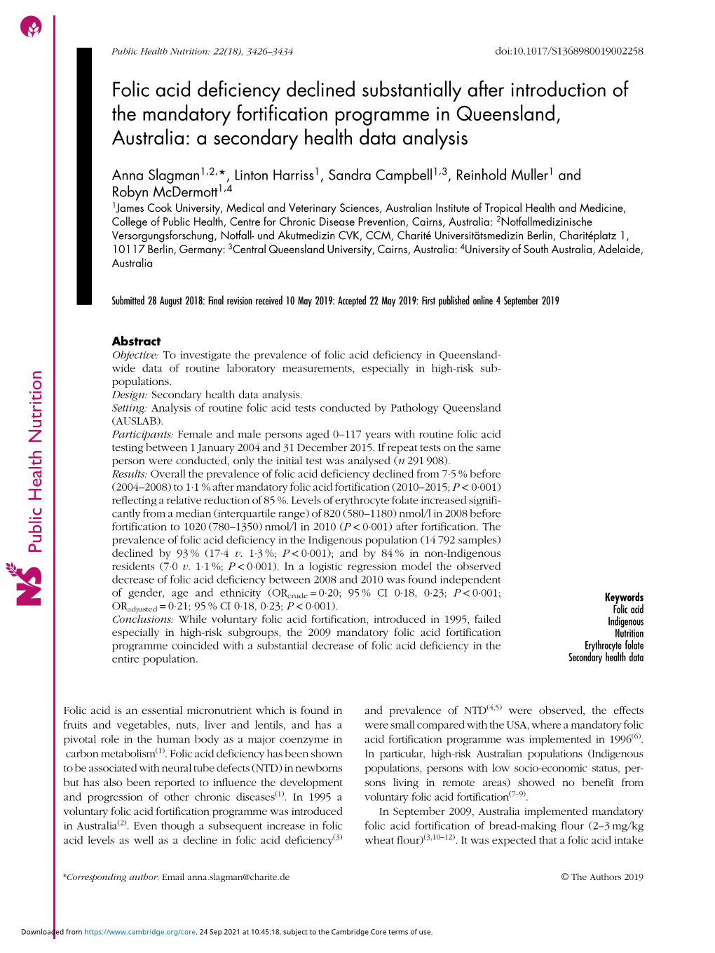 Folic Acid Deficiency Declined Substantially After Introduction of the Mandatory Fortification Programme in Queensland, Australia: a Secondary Health Data Analysis