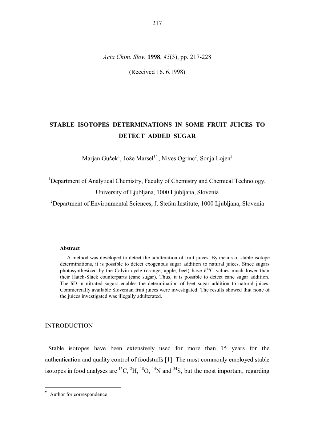 Pp. 217-228 (Received 16. 6.1998) STABLE ISOTOPES