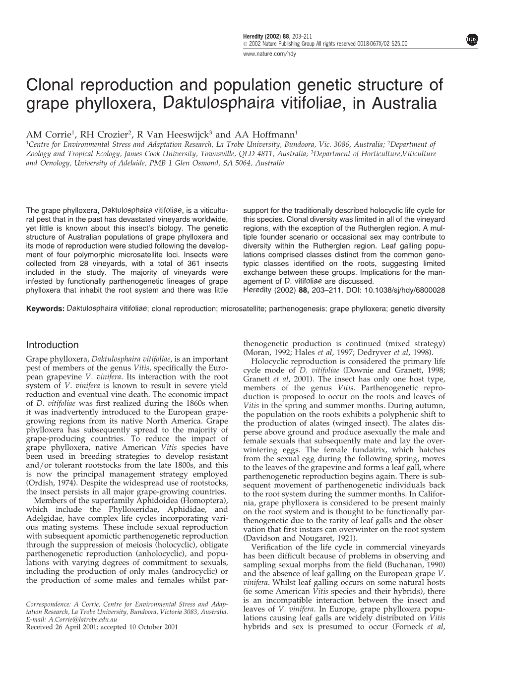 Clonal Reproduction and Population Genetic Structure of Grape Phylloxera, Daktulosphaira Vitifoliae, in Australia
