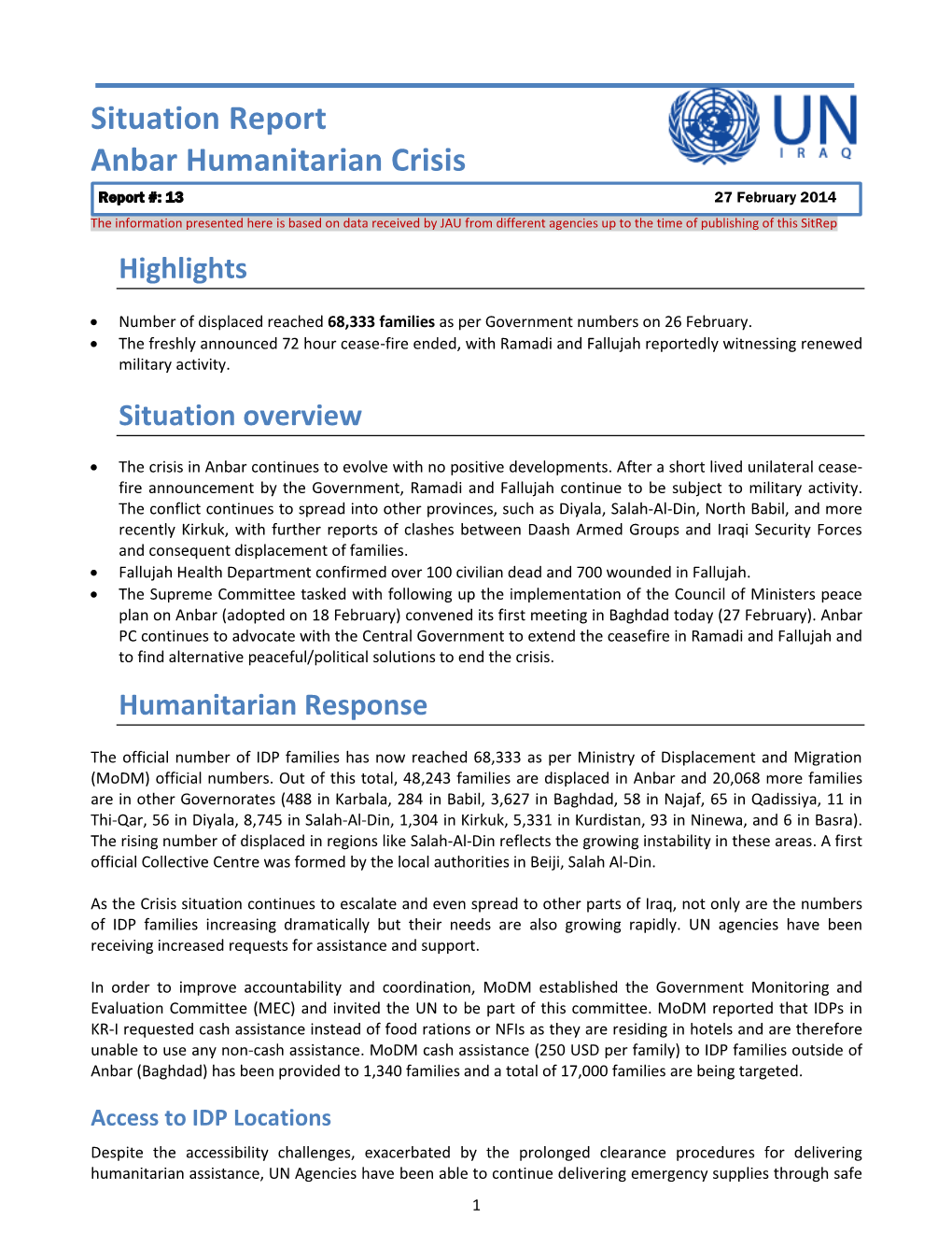 Situation Report Anbar Humanitarian Crisis Report #: 13 27 February 2014