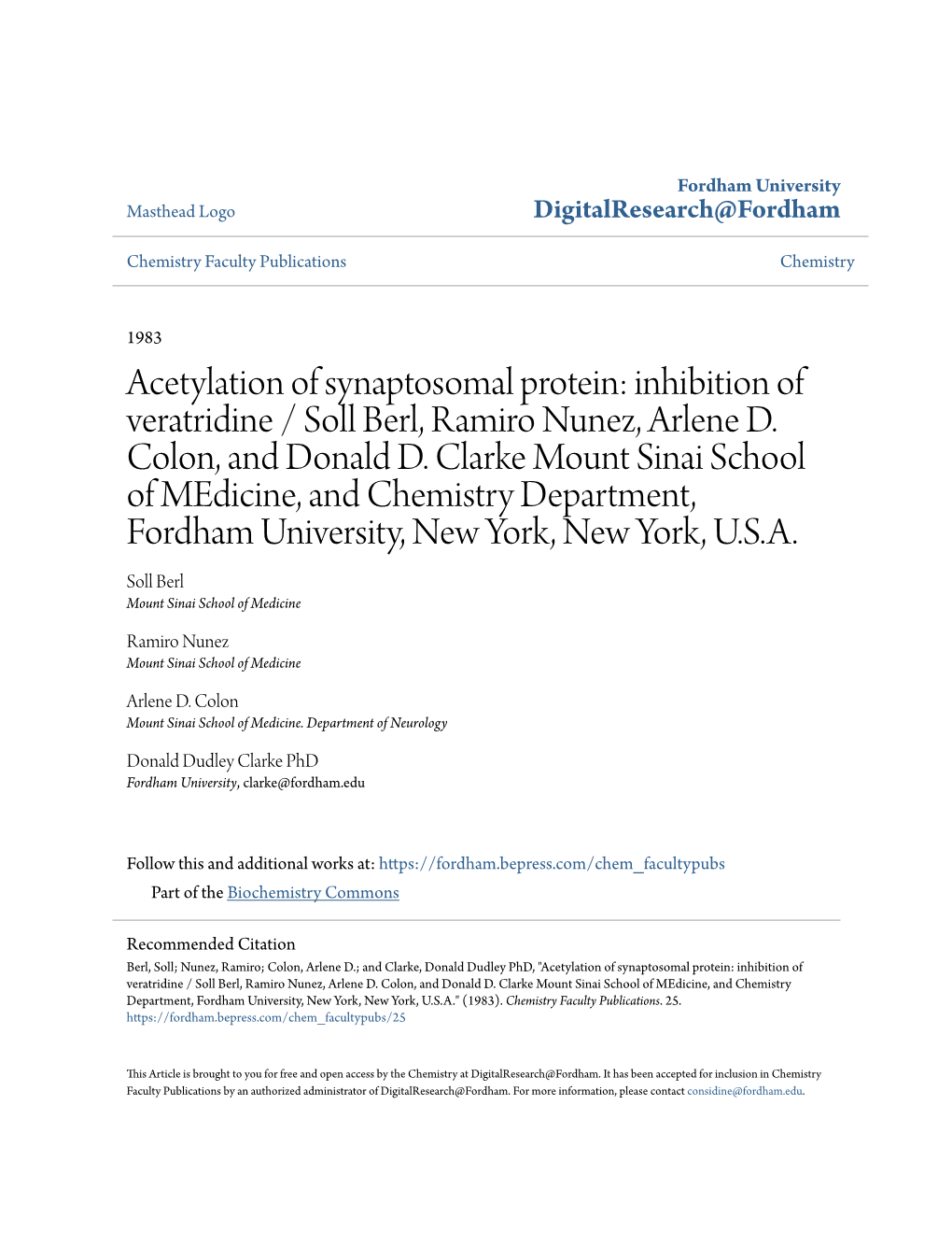 Acetylation of Synaptosomal Protein: Inhibition of Veratridine / Soll Berl, Ramiro Nunez, Arlene D