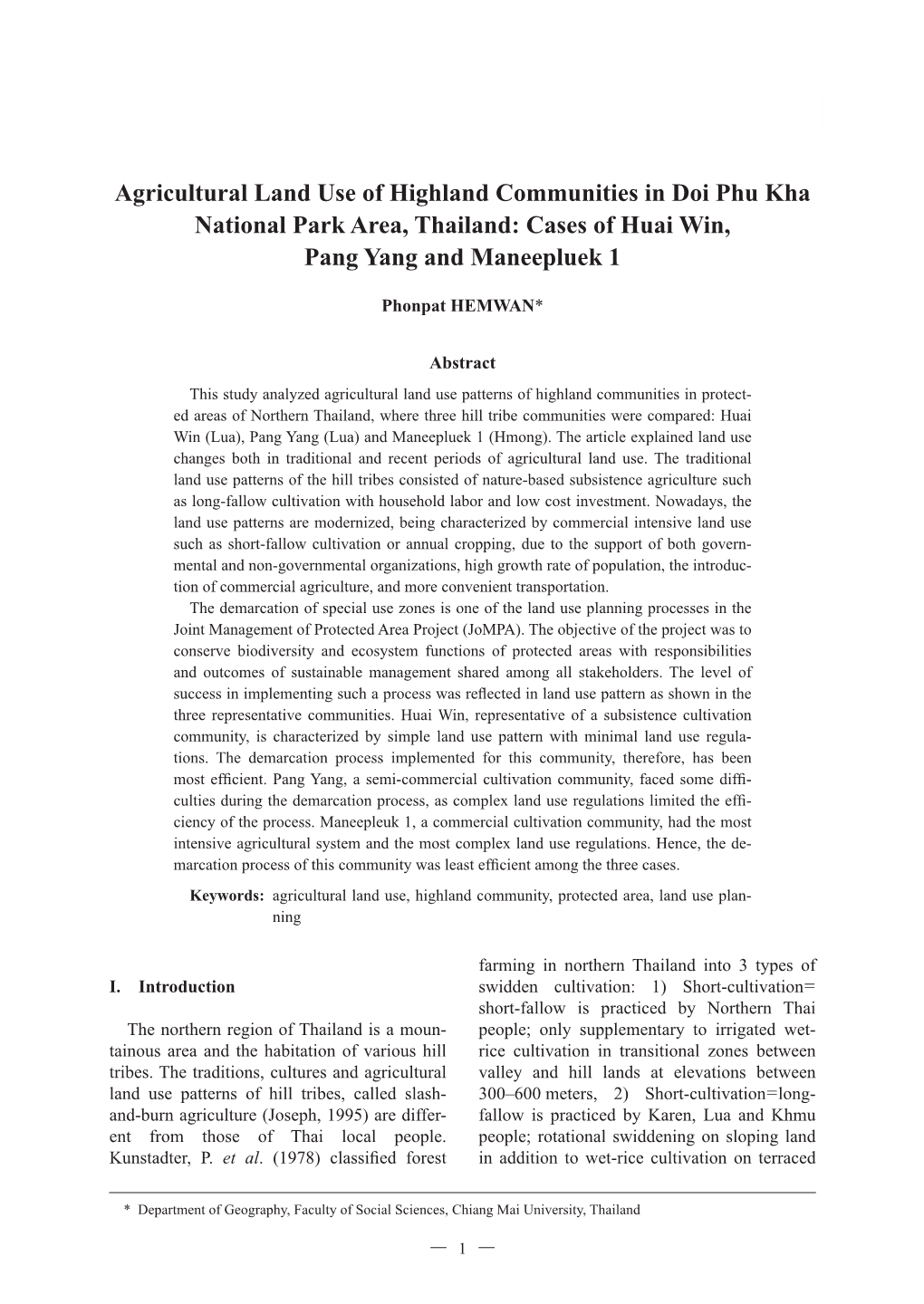 Agricultural Land Use of Highland Communities in Doi Phu Kha National Park (HEMWAN)