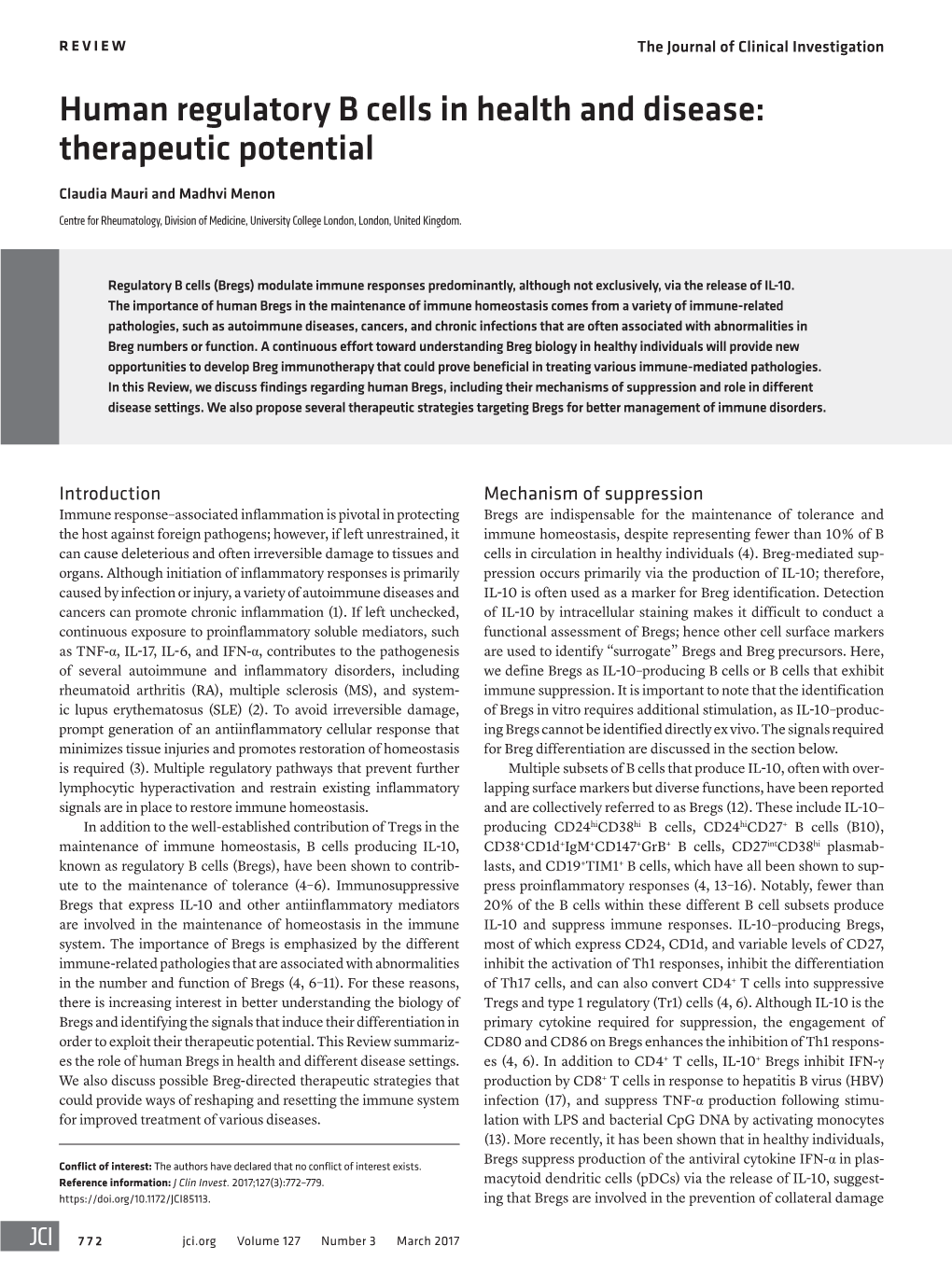 Human Regulatory B Cells in Health and Disease: Therapeutic Potential