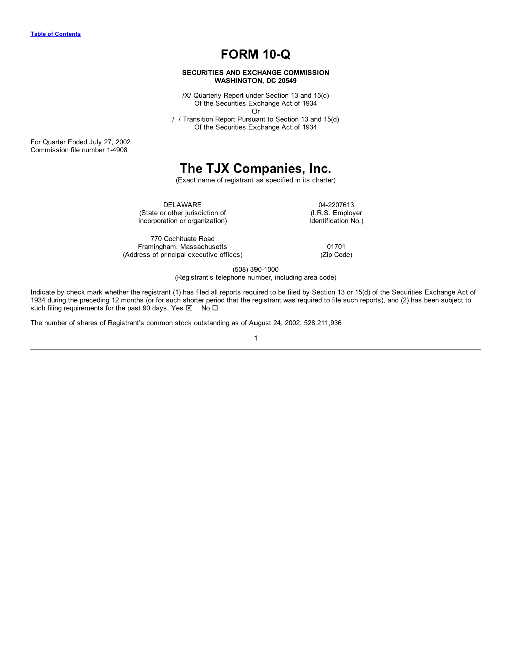 FORM 10-Q the TJX Companies, Inc