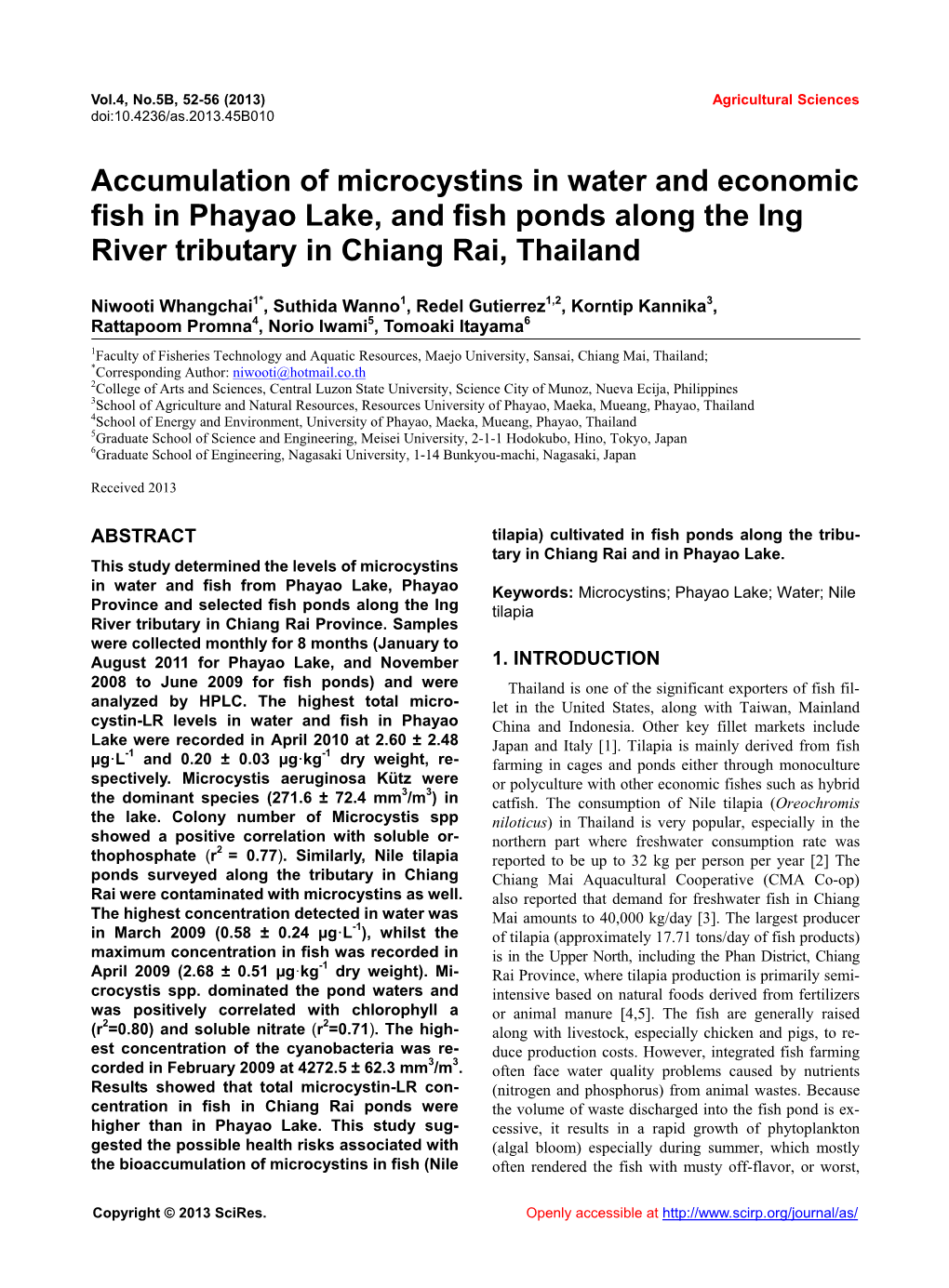 Accumulation of Microcystins in Water and Economic Fish in Phayao Lake, and Fish Ponds Along the Ing River Tributary in Chiang Rai, Thailand