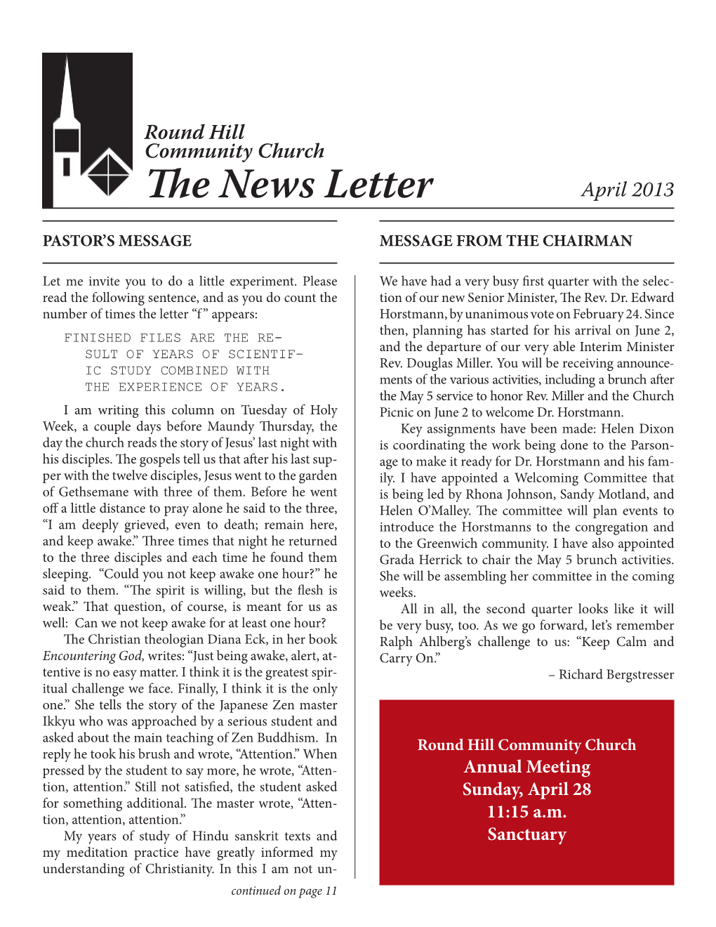 Round Hill Community Church the News Letter April 2013 PASTOR’S MESSAGE MESSAGE from the CHAIRMAN