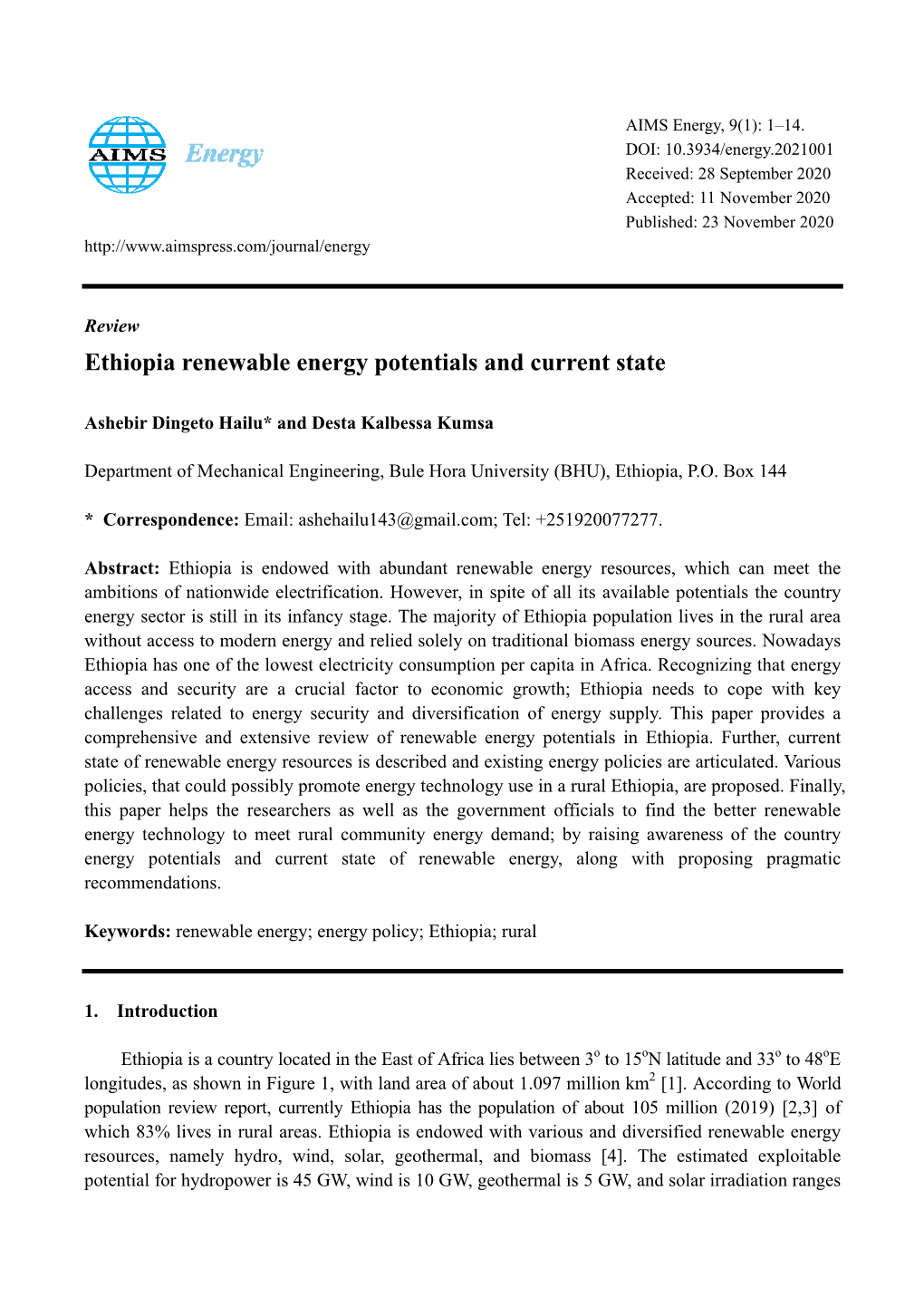 Ethiopia Renewable Energy Potentials and Current State