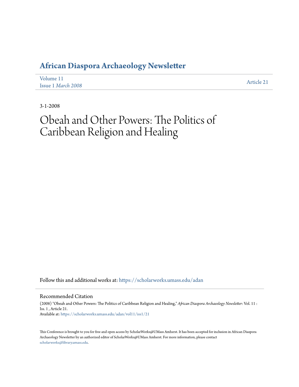 Obeah and Other Powers: the Politics of Caribbean Religion and Healing