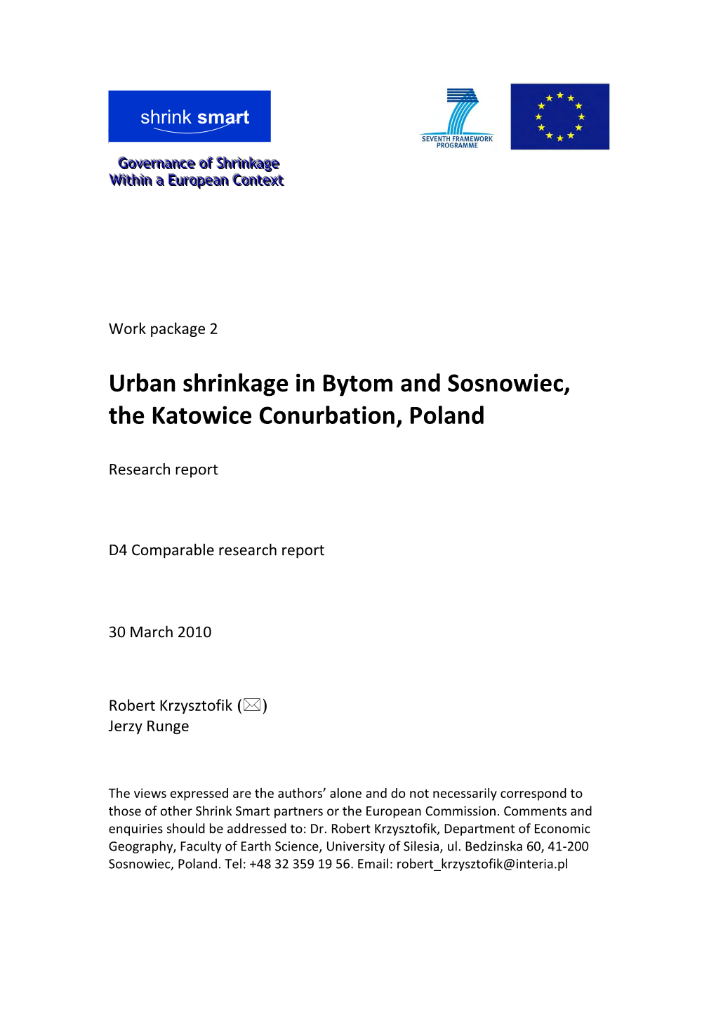 Urban Shrinkage in Bytom and Sosnowiec, the Katowice Conurbation, Poland