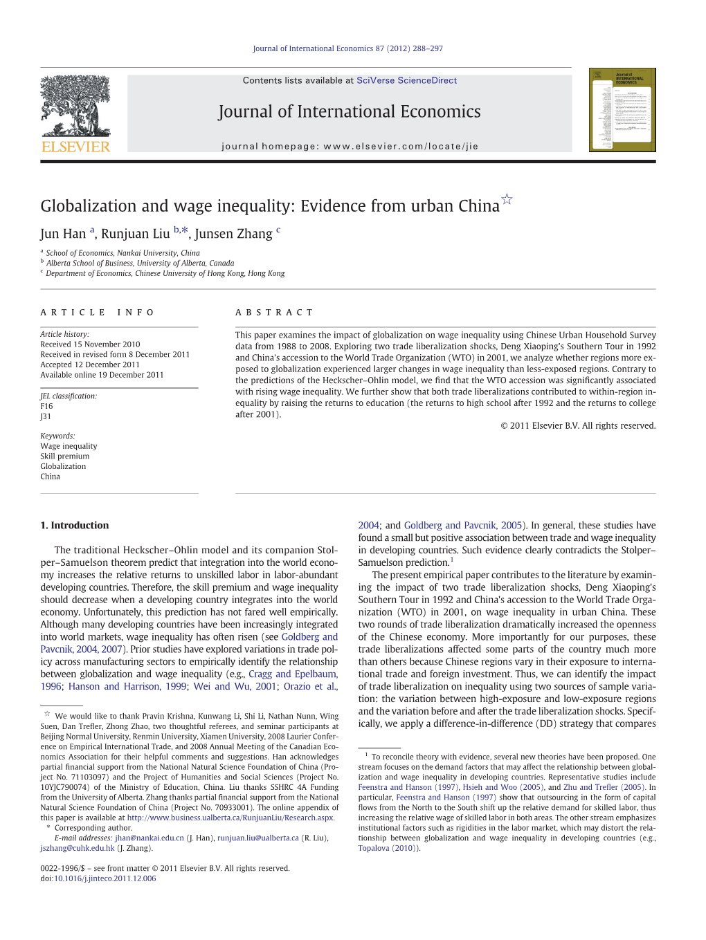 Globalization and Wage Inequality: Evidence from Urban China☆