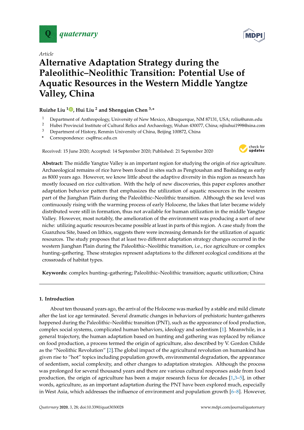 Alternative Adaptation Strategy During the Paleolithic–Neolithic Transition: Potential Use of Aquatic Resources in the Western Middle Yangtze Valley, China