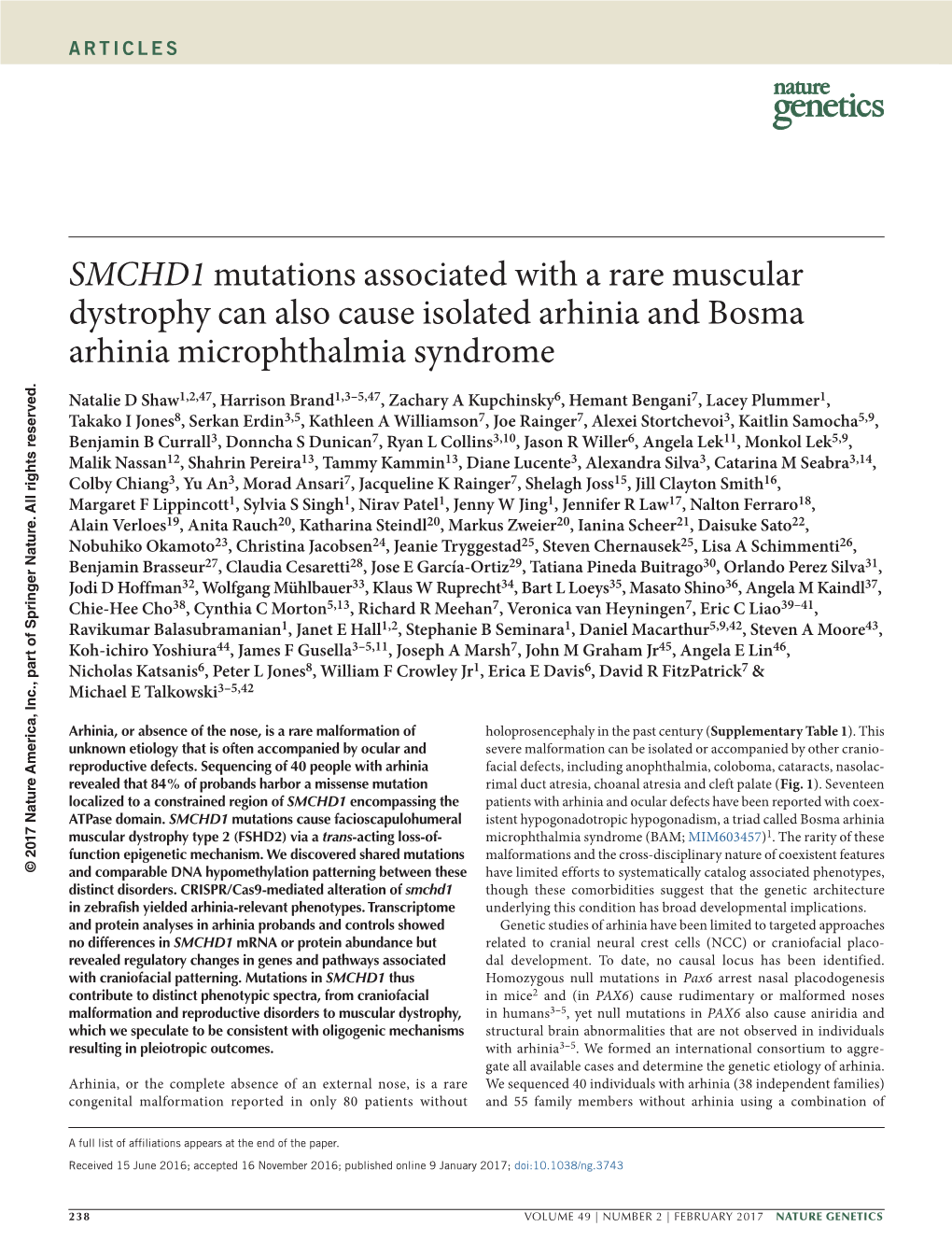 SMCHD1 Mutations Associated with a Rare Muscular Dystrophy Can Also Cause Isolated Arhinia and Bosma Arhinia Microphthalmia Syndrome