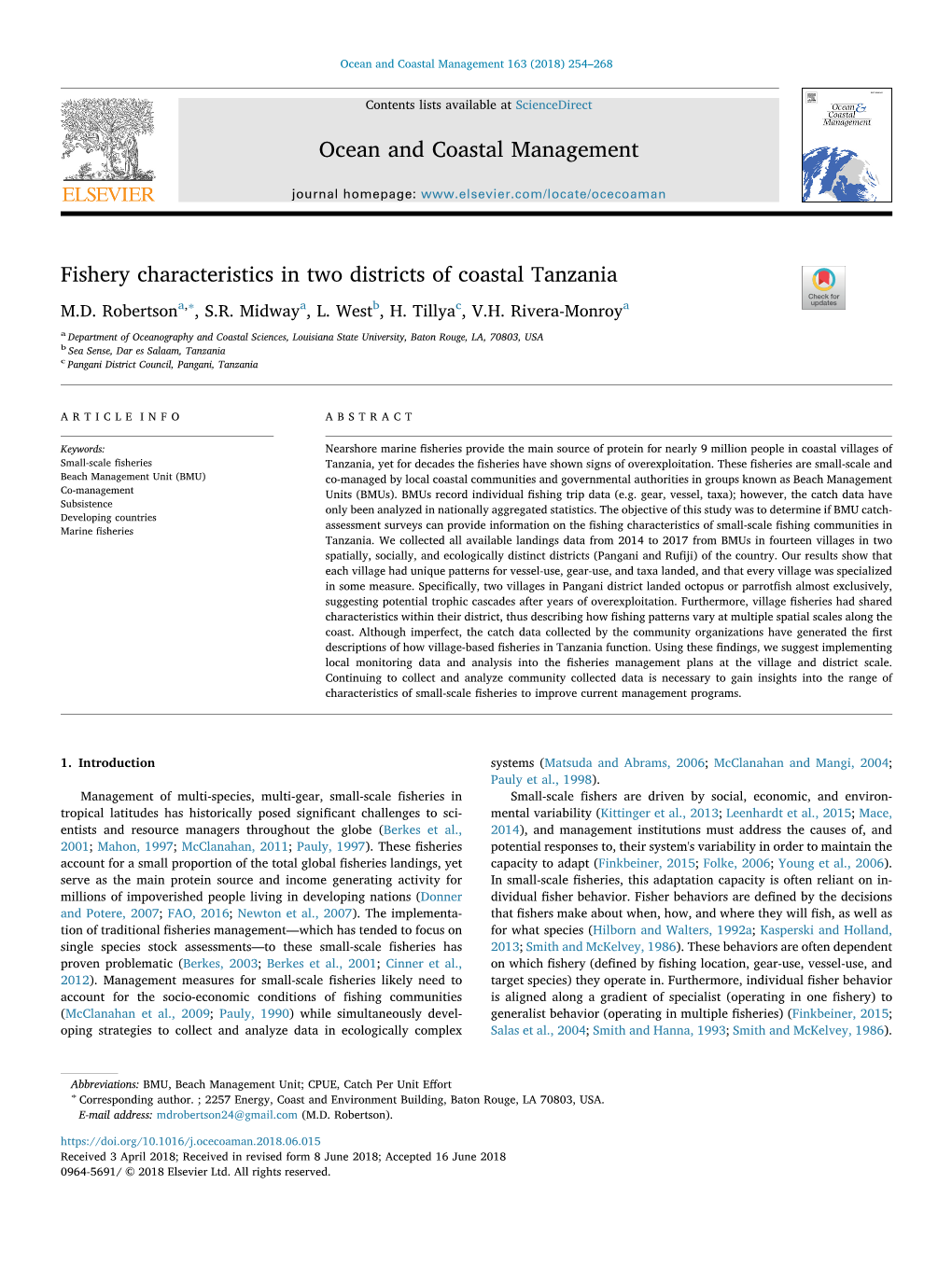 Fishery Characteristics in Two Districts of Coastal Tanzania T ∗ M.D