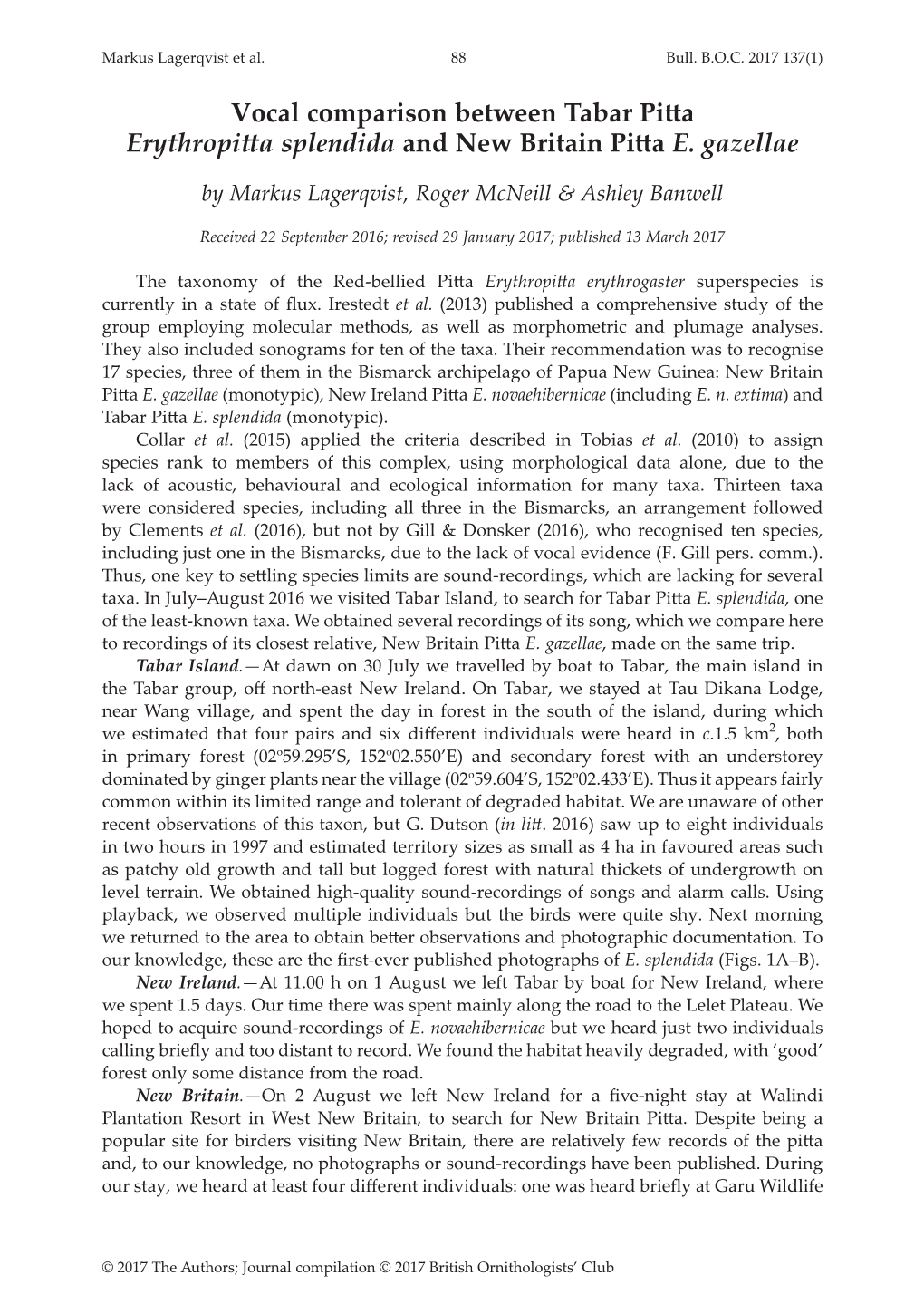 Vocal Comparison Between Tabar Pitta Erythropitta Splendida and New Britain Pitta E