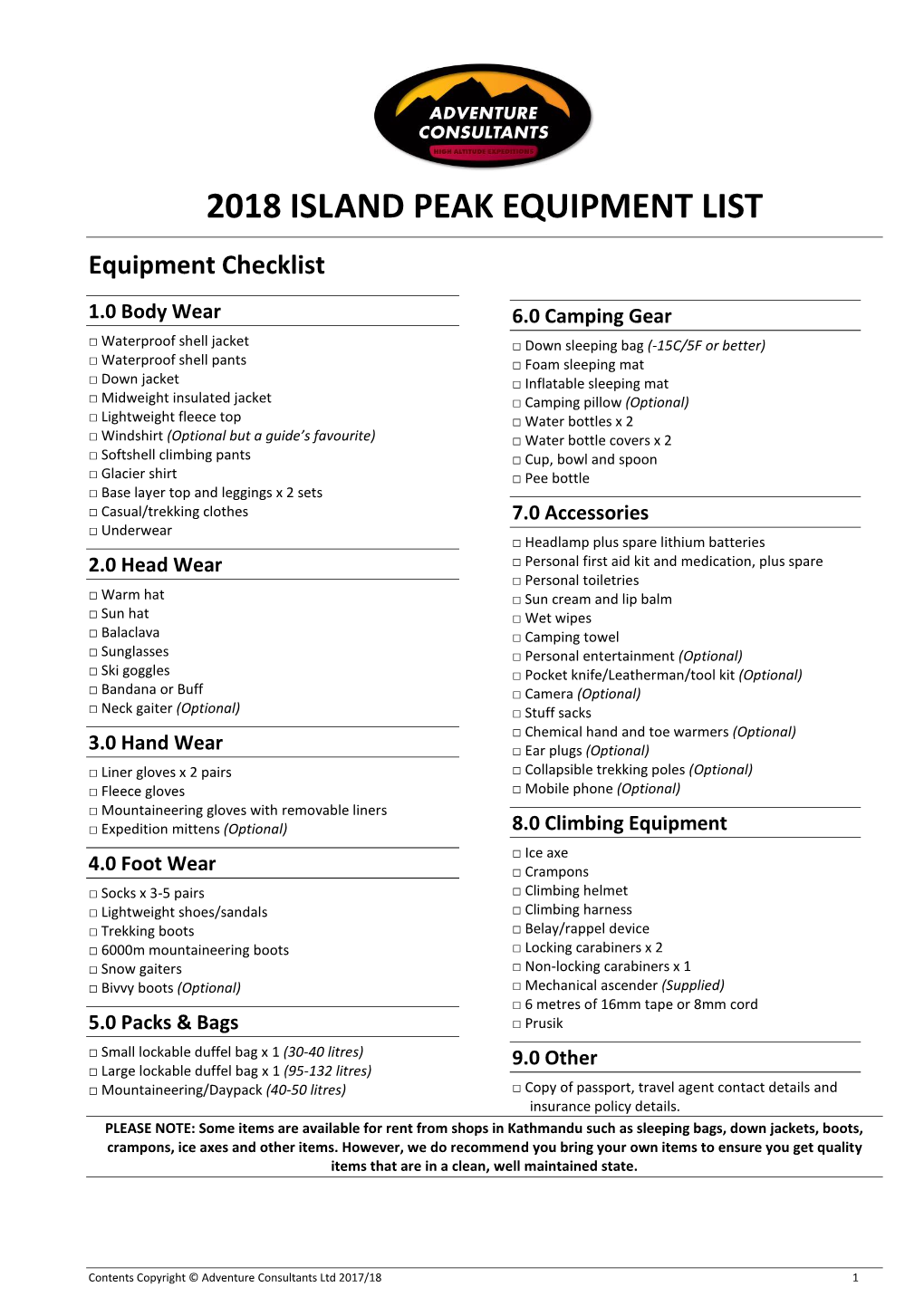 2018 ISLAND PEAK EQUIPMENT LIST Equipment Checklist