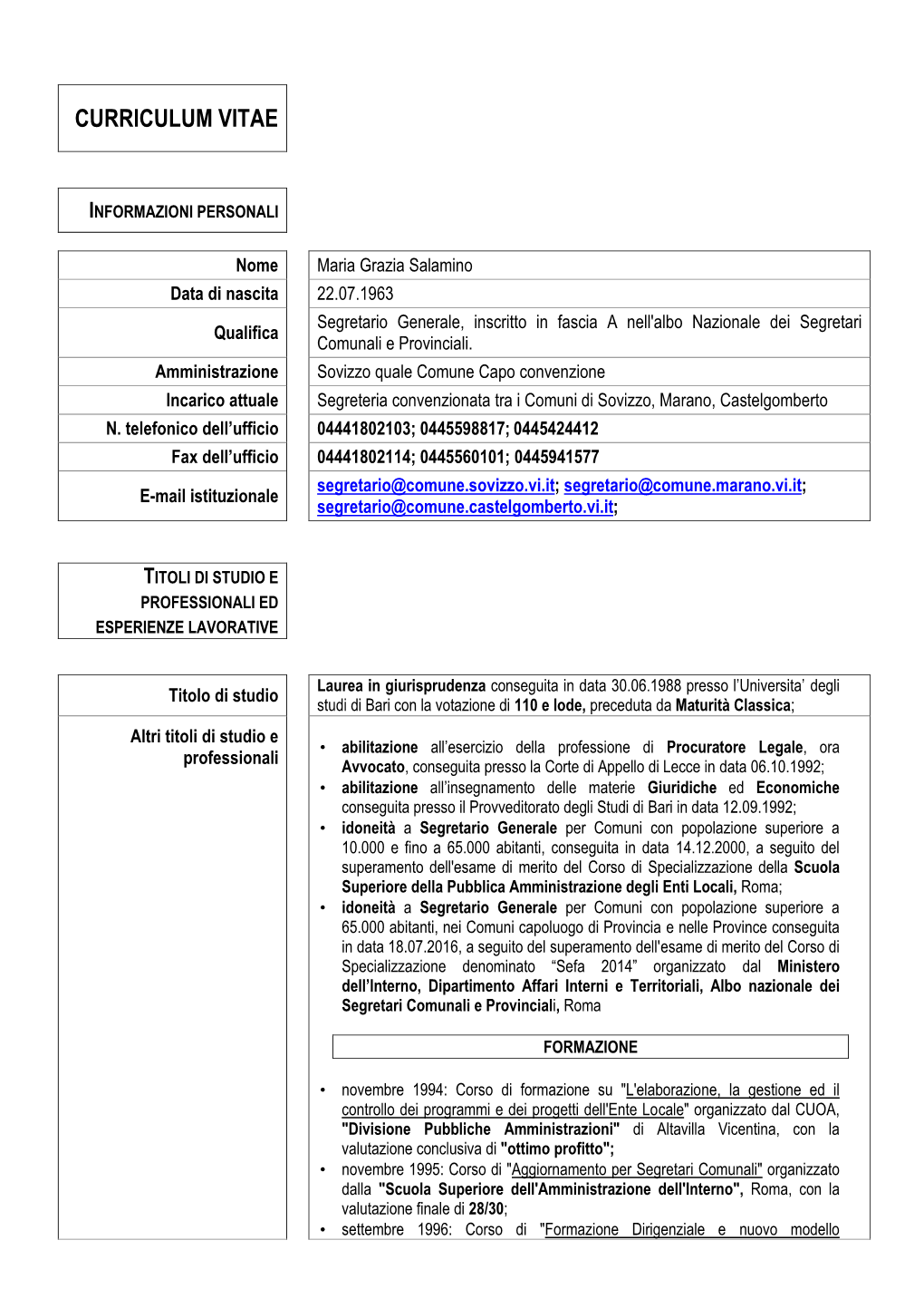 Curriculum Vitae Segretario Comune Aggiornato 2017