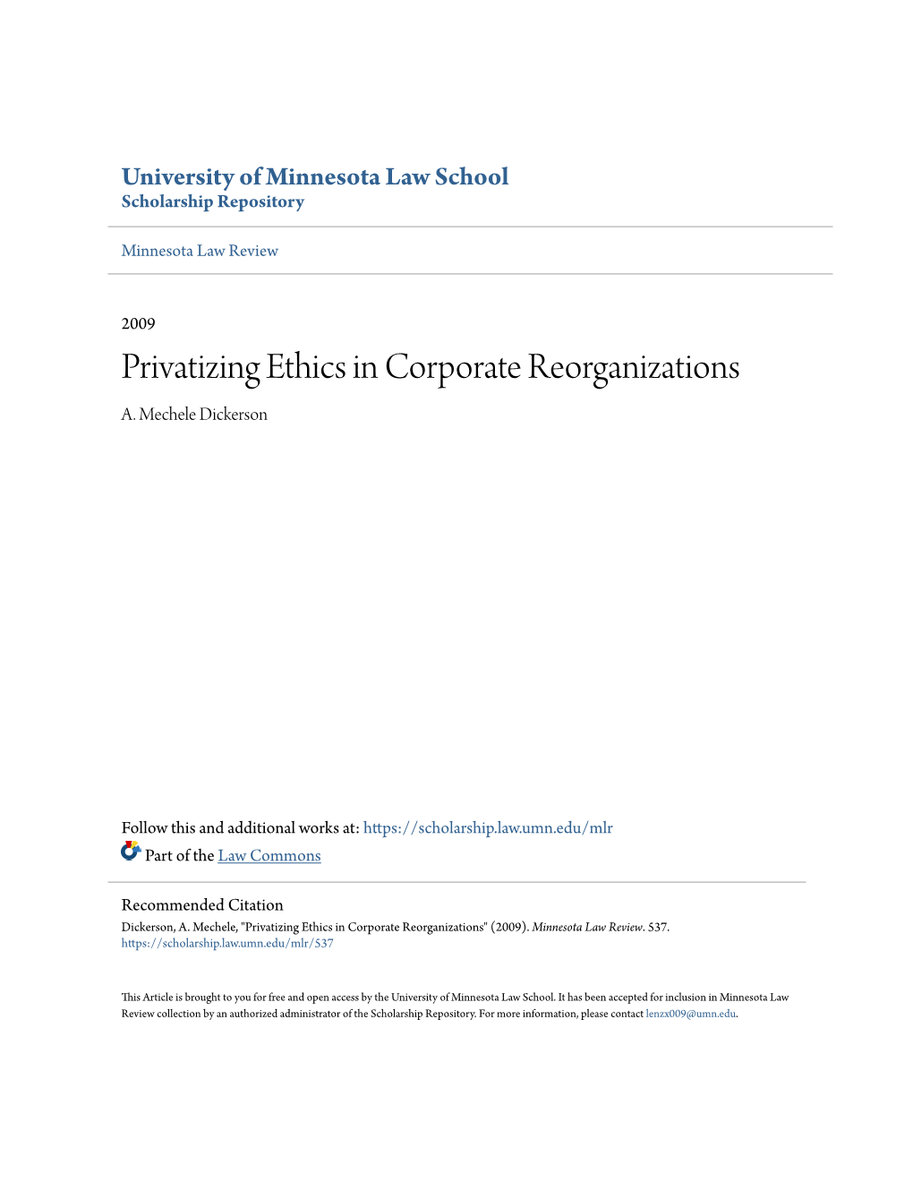 Privatizing Ethics in Corporate Reorganizations A