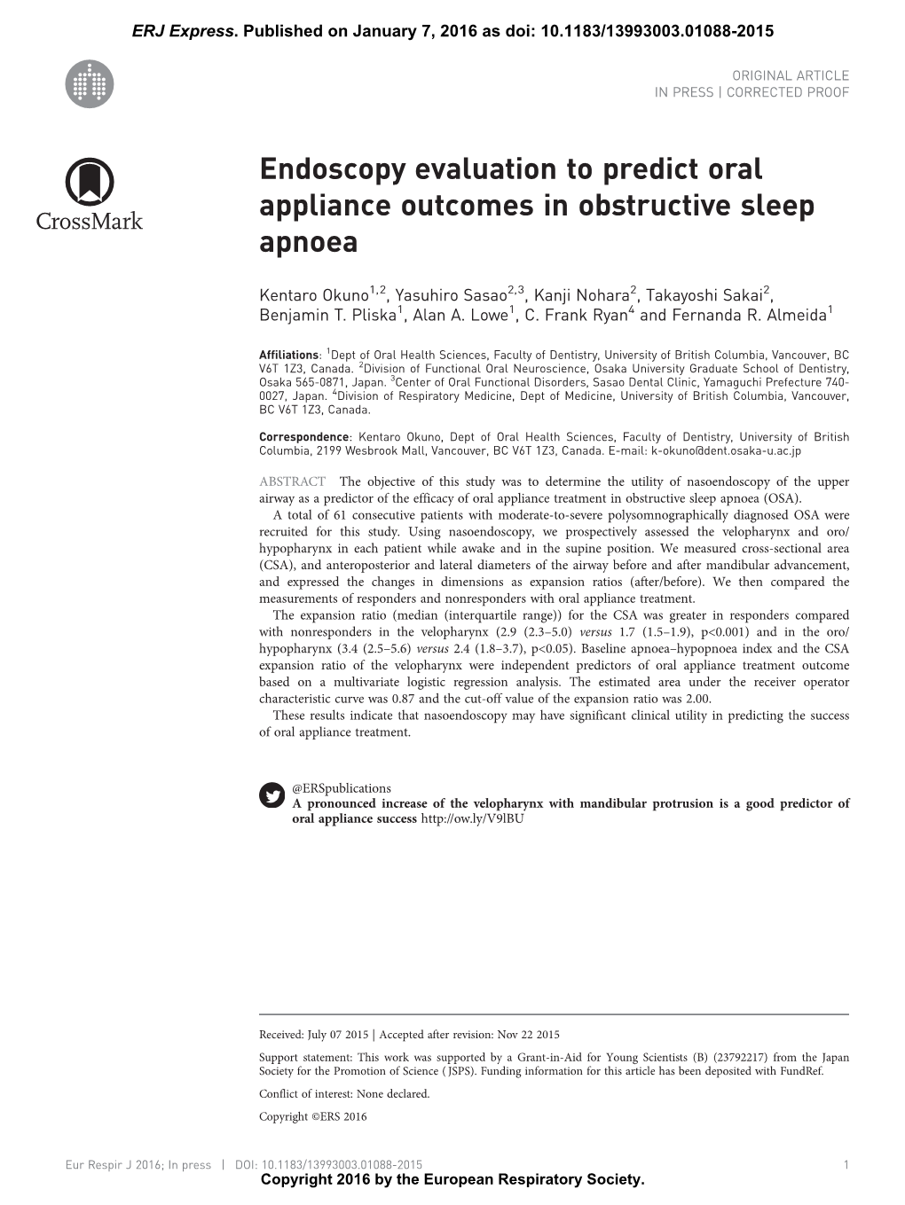 Endoscopy Evaluation to Predict Oral Appliance Outcomes in Obstructive Sleep Apnoea