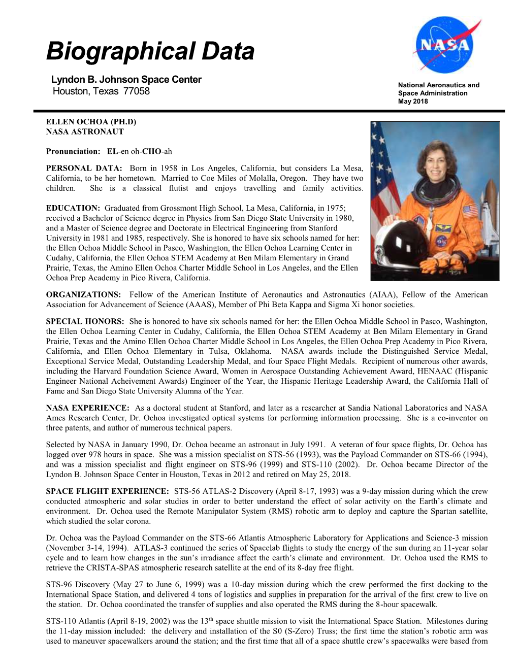 Ellen Ochoa (Ph.D) Nasa Astronaut