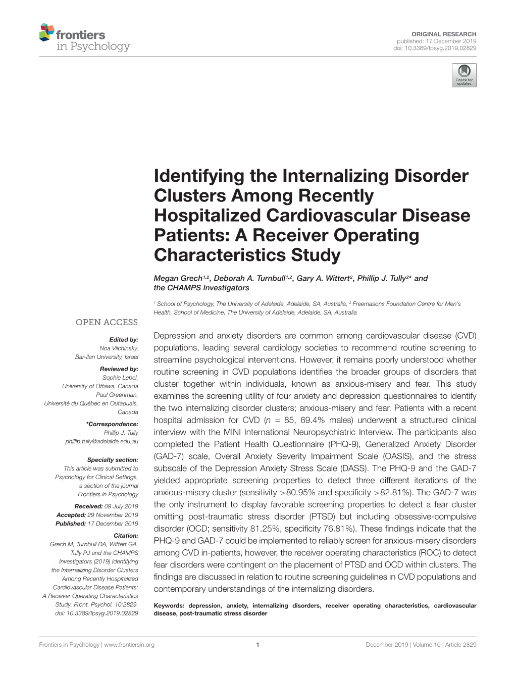 Identifying the Internalizing Disorder Clusters Among Recently Hospitalized Cardiovascular Disease Patients: a Receiver Operating Characteristics Study