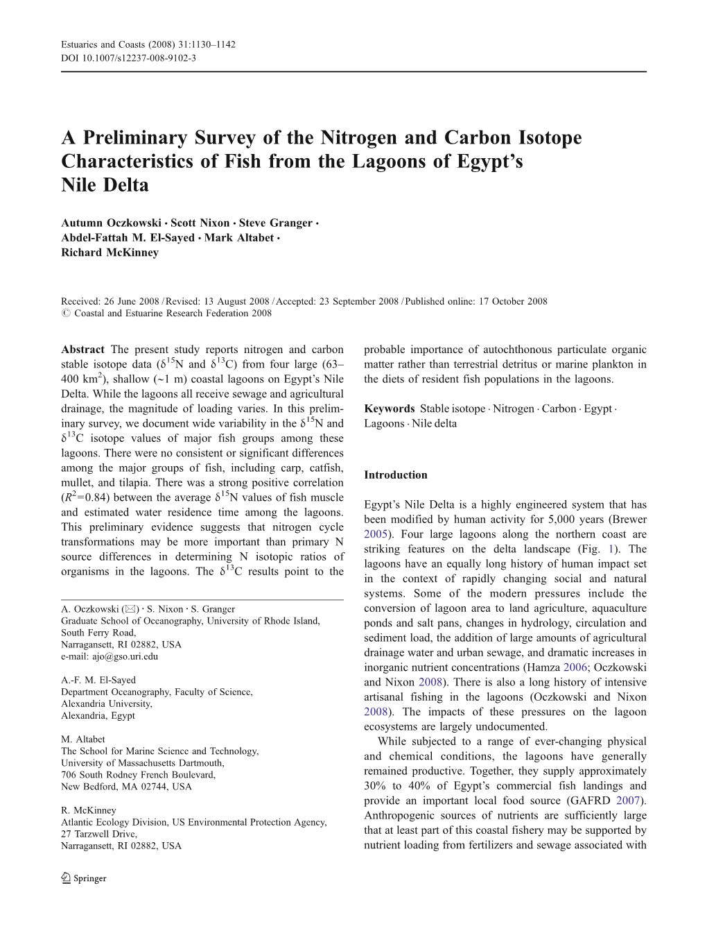 A Preliminary Survey of the Nitrogen and Carbon Isotope Characteristics of Fish from the Lagoons of Egypt’S Nile Delta