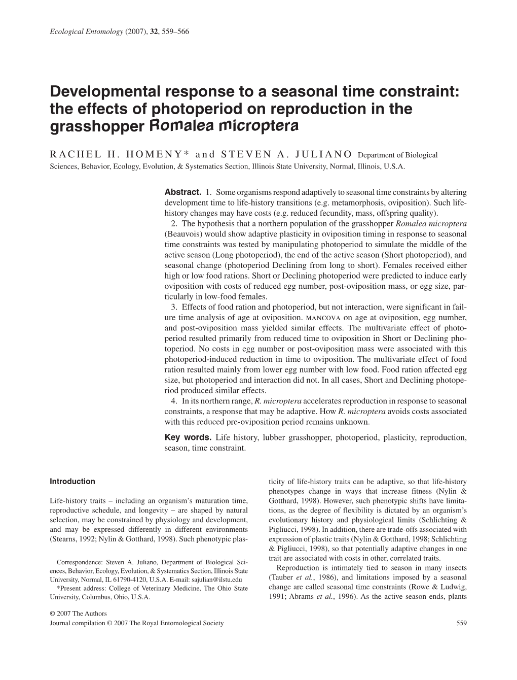 Developmental Response to a Seasonal Time Constraint: the Effects of Photoperiod on Reproduction in the Grasshopper Romalea Microptera