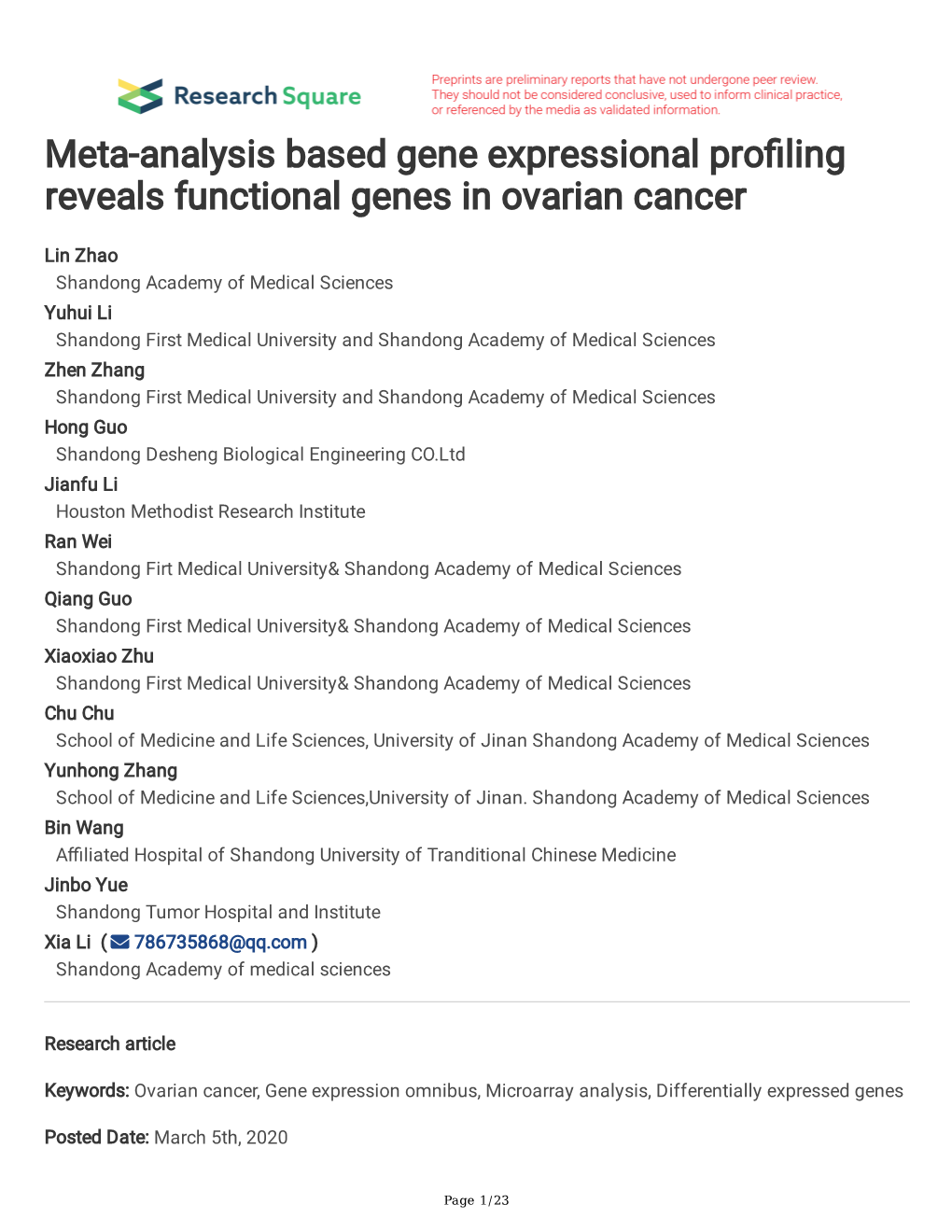 Meta-Analysis Based Gene Expressional Pro Ling Reveals