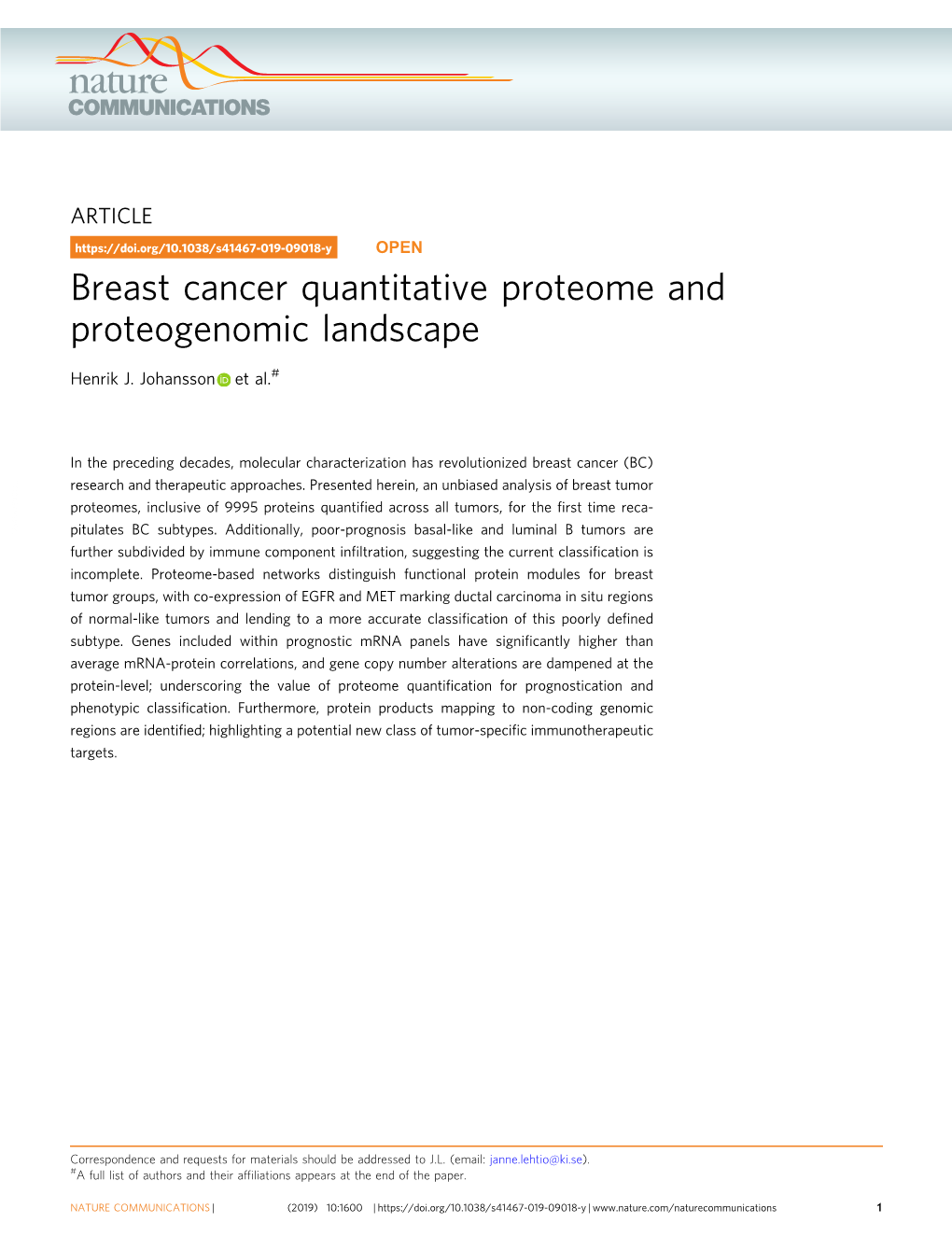 Breast Cancer Quantitative Proteome and Proteogenomic Landscape