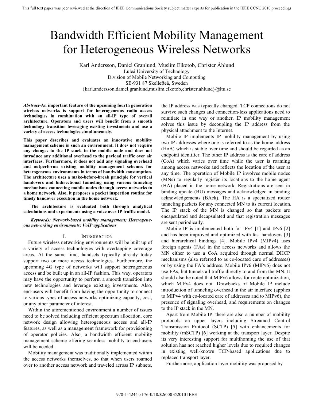 Bandwidth Efficient Mobility Management for Heterogeneous Wireless Networks