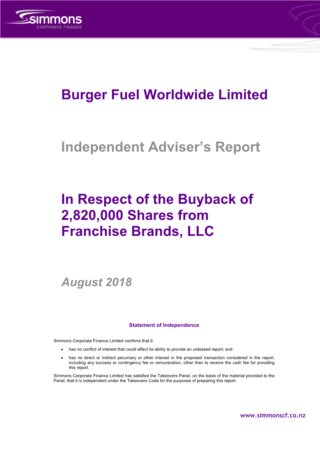 Burger Fuel Worldwide Limited Independent Adviser’S Report