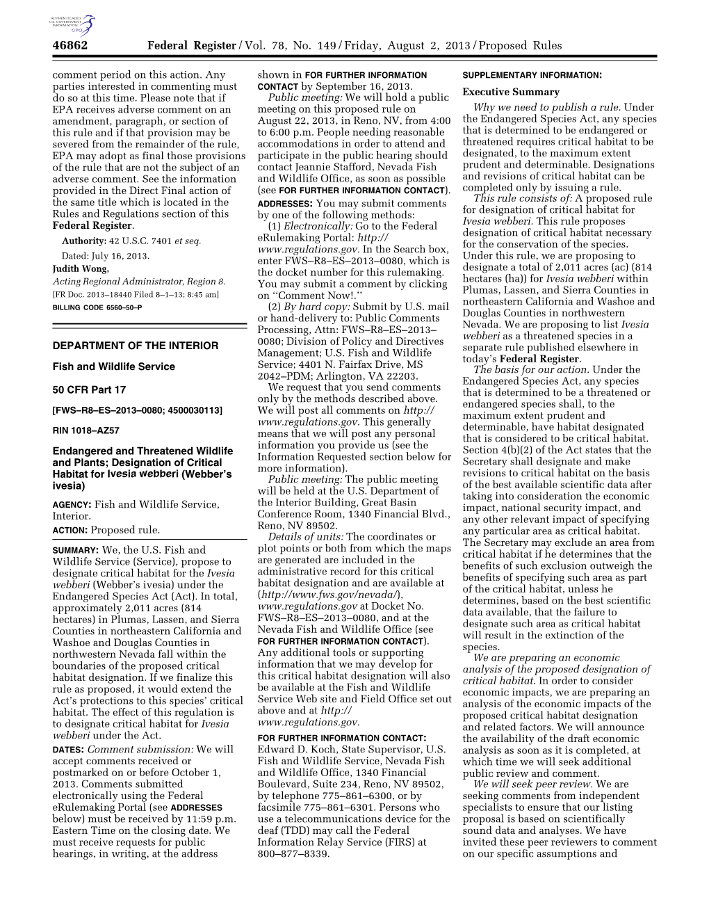 Designation of Critical Habitat for Ivesia Webberi