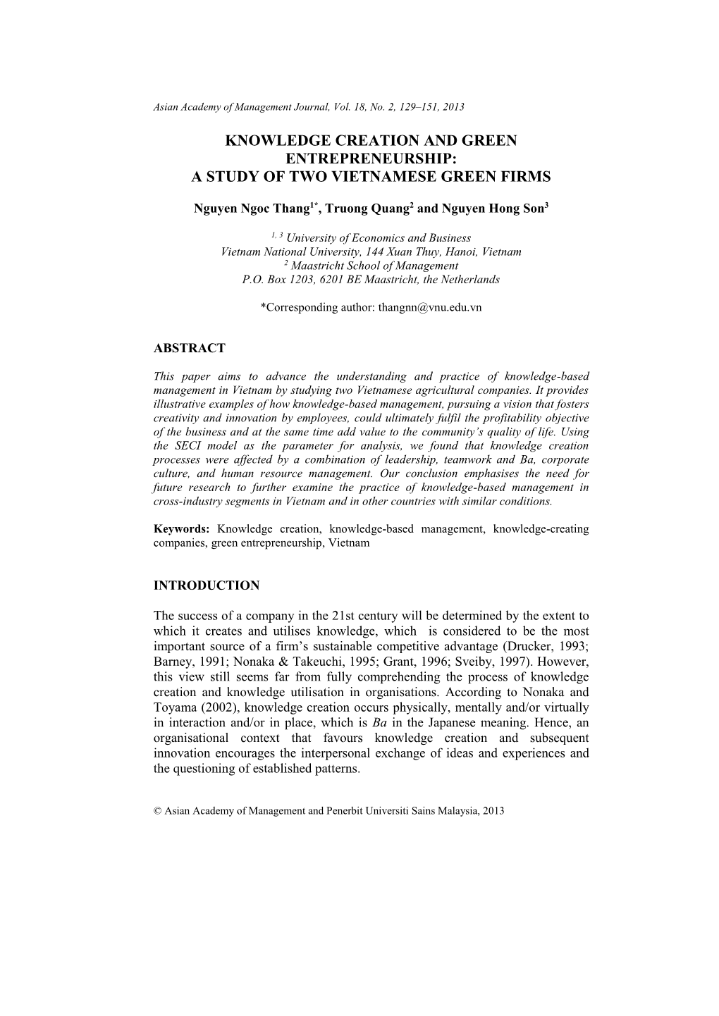 Knowledge Creation and Green Entrepreneurship: a Study of Two Vietnamese Green Firms