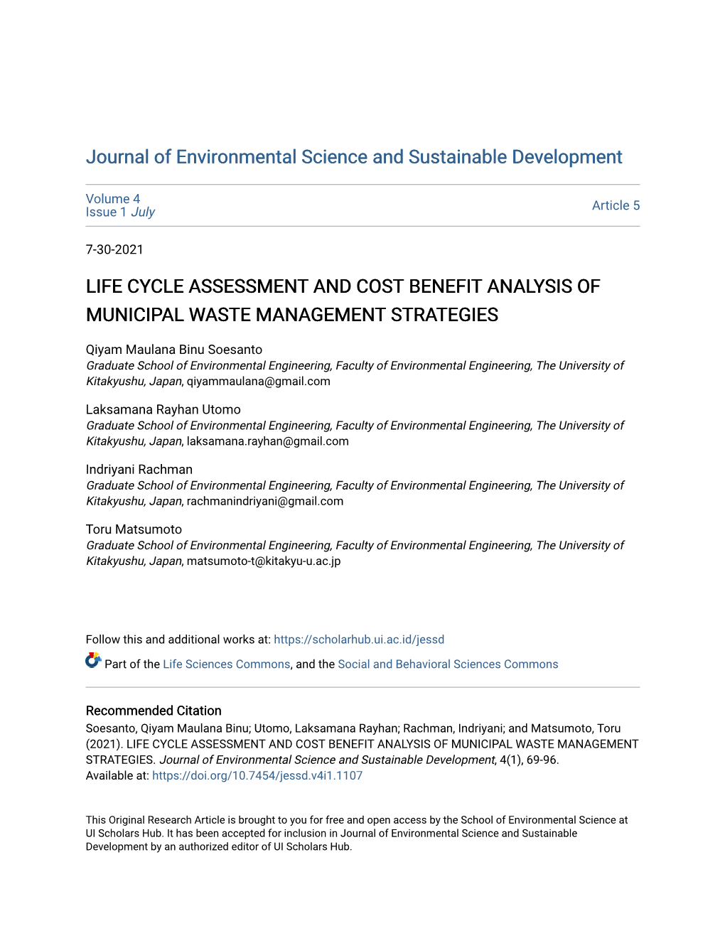 Life Cycle Assessment and Cost Benefit Analysis of Municipal Waste Management Strategies