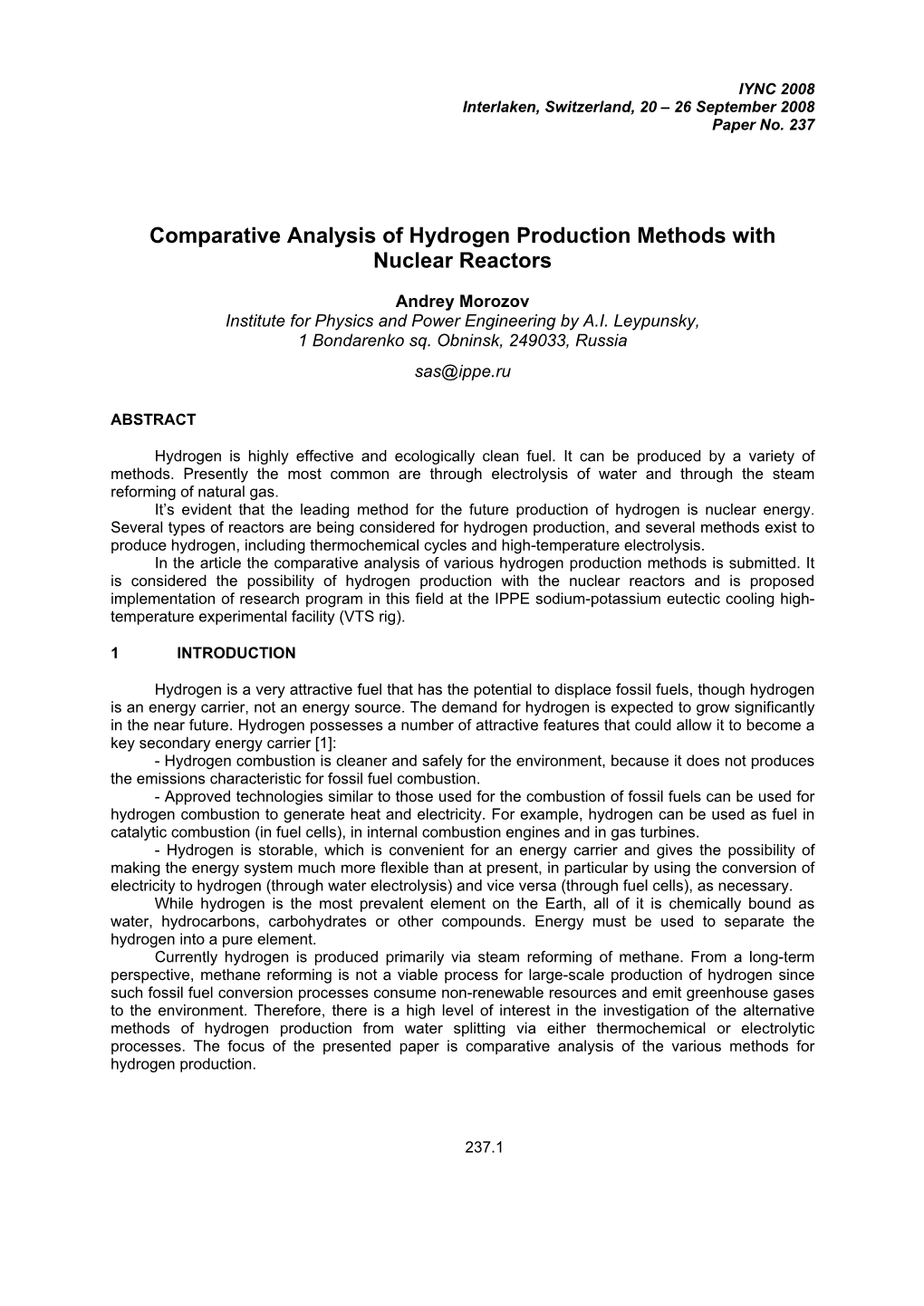 Comparative Analysis of Hydrogen Production Methods with Nuclear Reactors