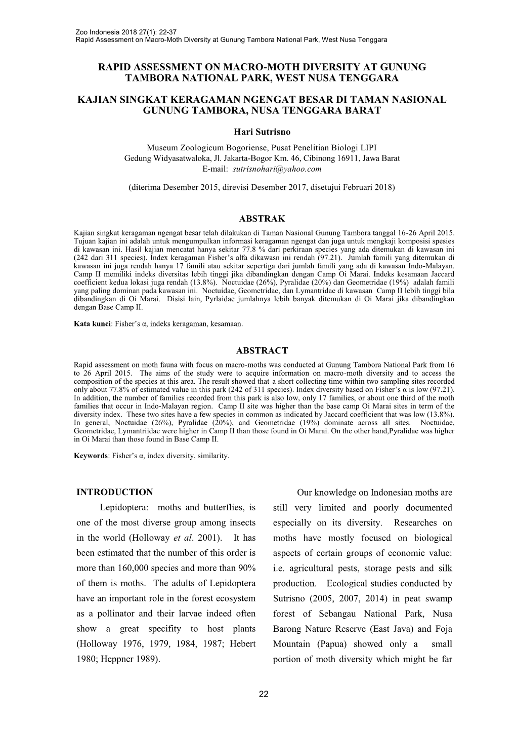 Rapid Assessment on Macro-Moth Diversity at Gunung Tambora National Park, West Nusa Tenggara