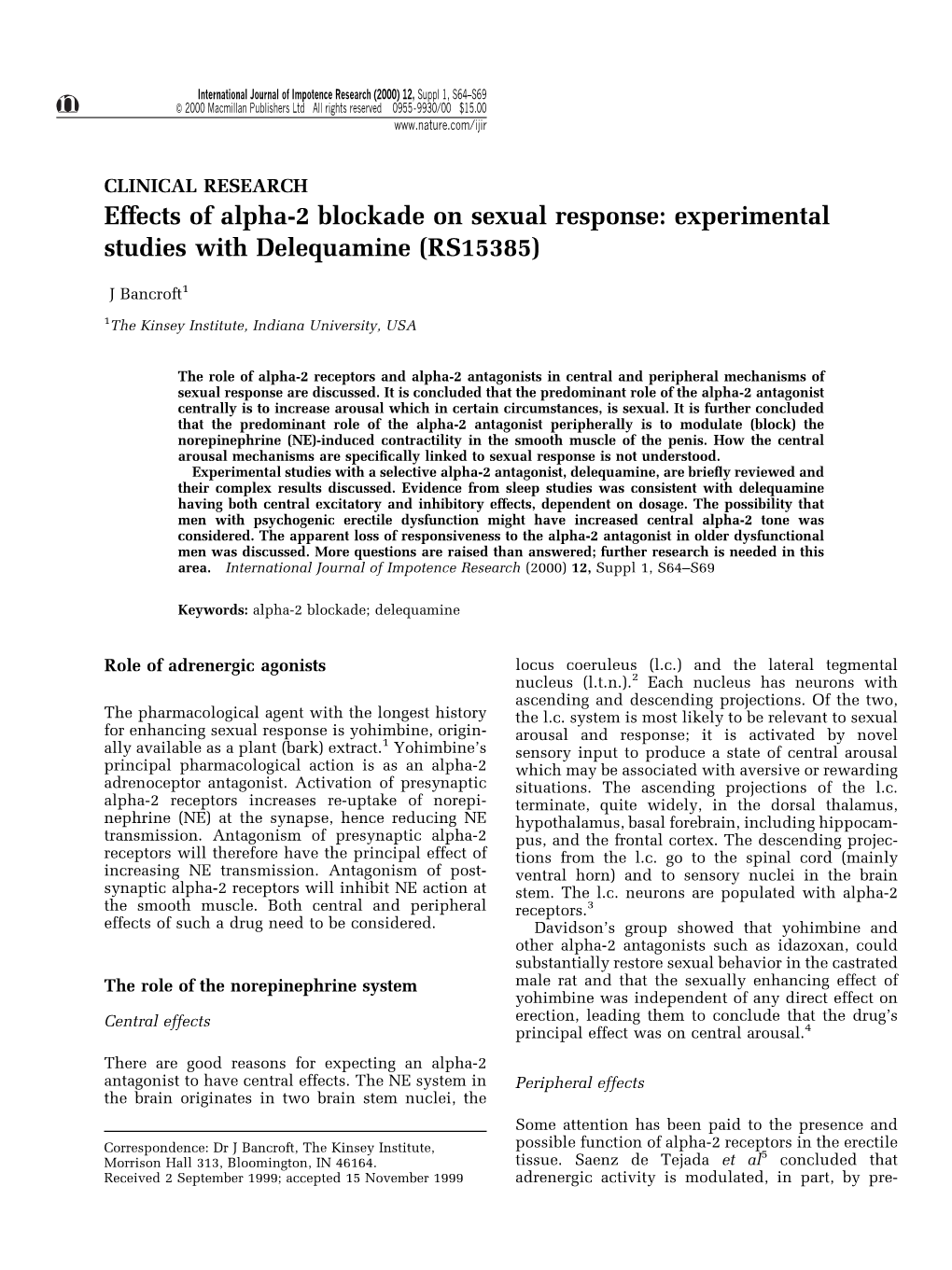 Effects of Alpha-2 Blockade on Sexual Response: Experimental Studies with Delequamine (RS15385)