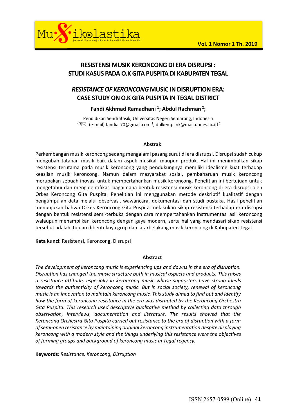 Resistensi Musik Keroncong Di Era Disrupsi : Studi Kasus Pada O.K Gita Puspita Di Kabupaten Tegal