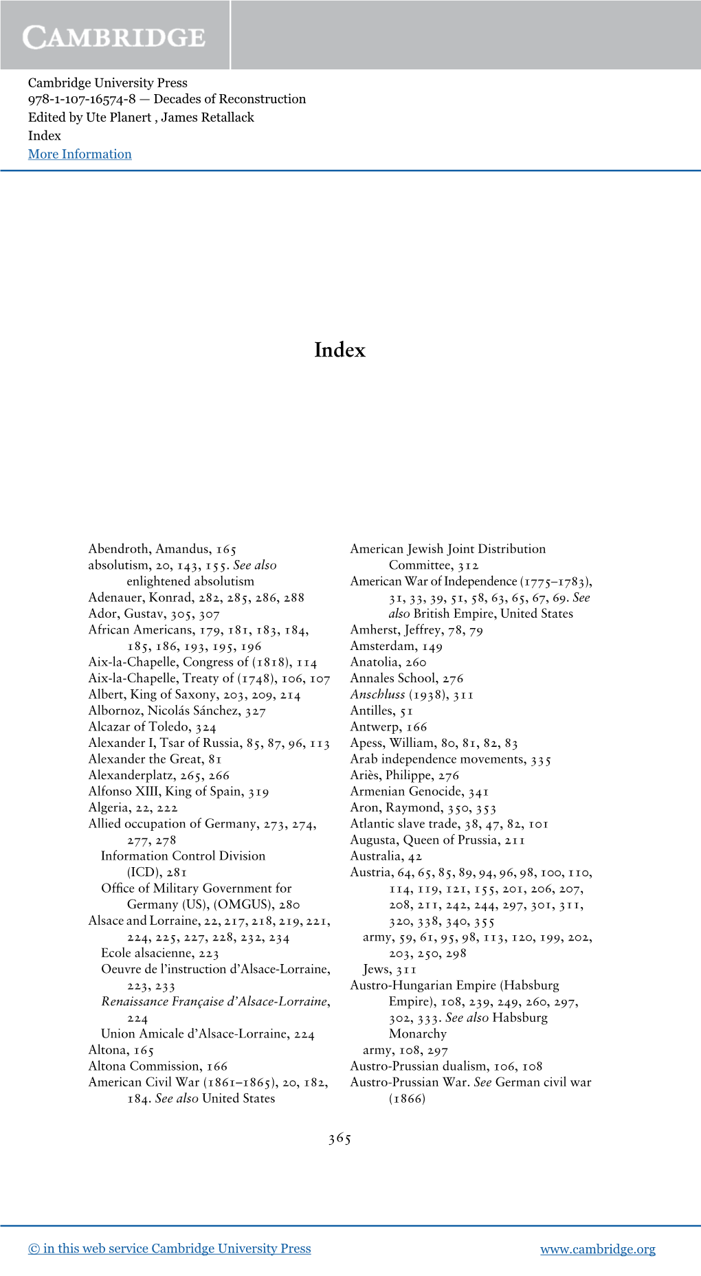Cambridge University Press 978-1-107-16574-8 — Decades of Reconstruction Edited by Ute Planert , James Retallack Index More Information