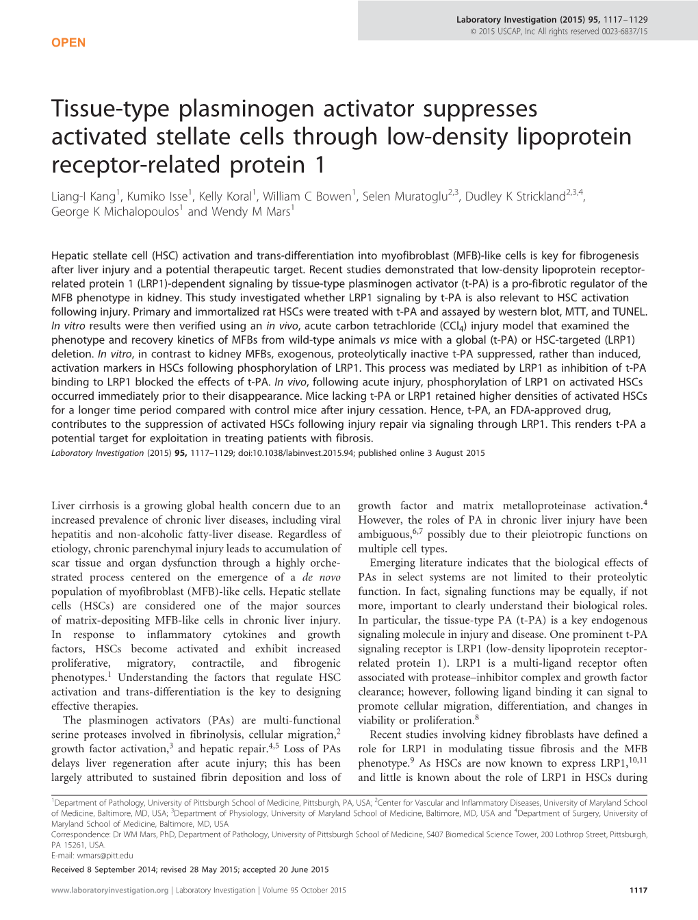 Tissue-Type Plasminogen Activator Suppresses Activated Stellate Cells