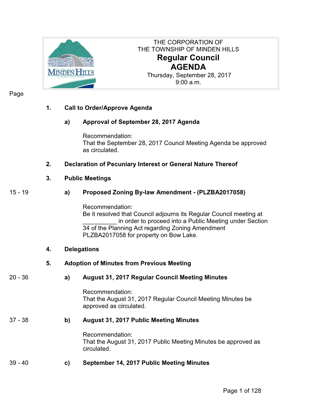 MINDEN HILLS Regular Council AGENDA Thursday, September 28, 2017 9:00 A.M